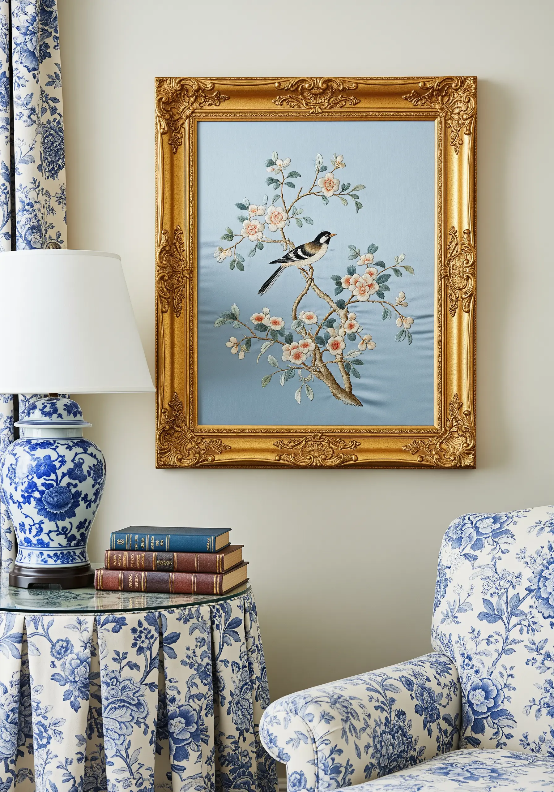 A traditional Chinoiserie embroidery of a bird on a flowering branch.