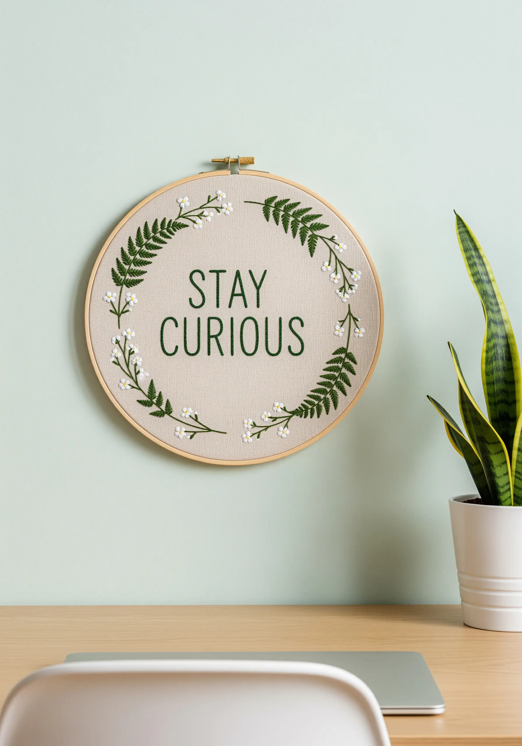 A minimalist embroidery hoop with fern leaves and small white flowers.