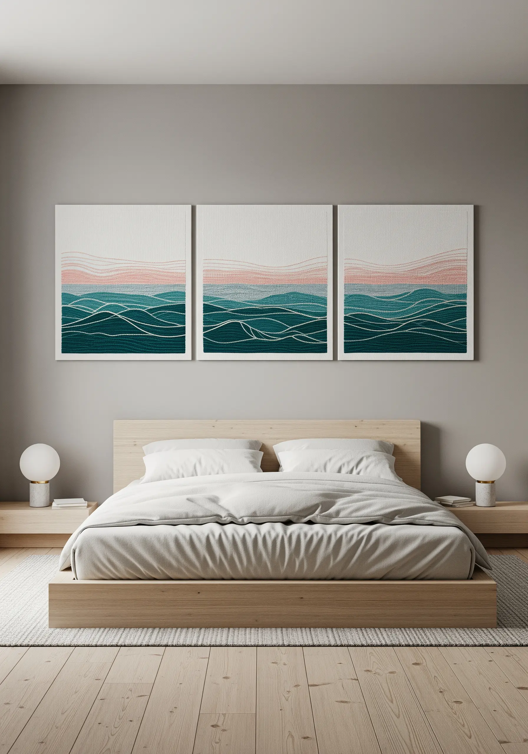 Three minimalist embroidery canvases of abstract waves