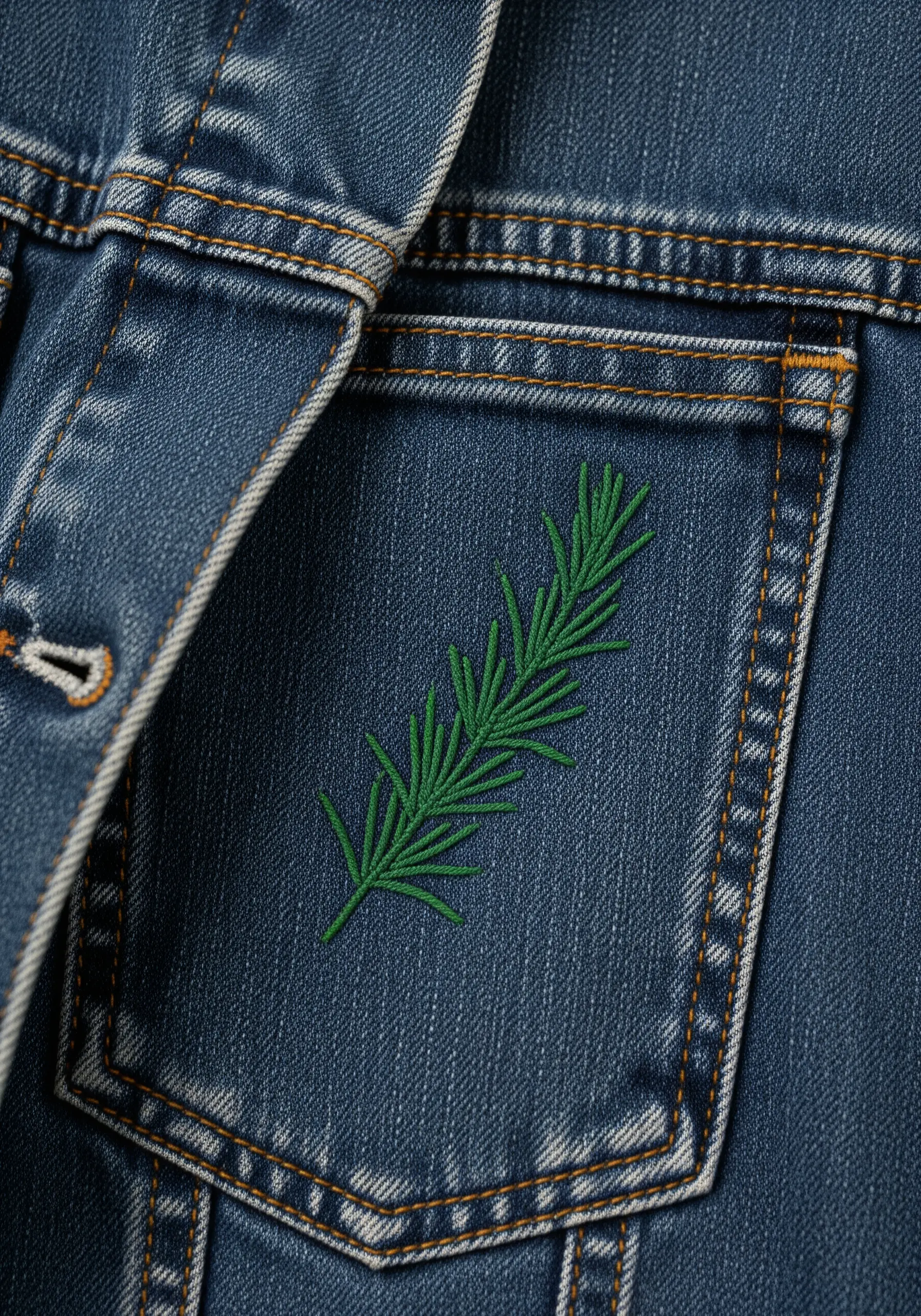 A single sprig of rosemary embroidered in green on the pocket of a dark denim jacket.