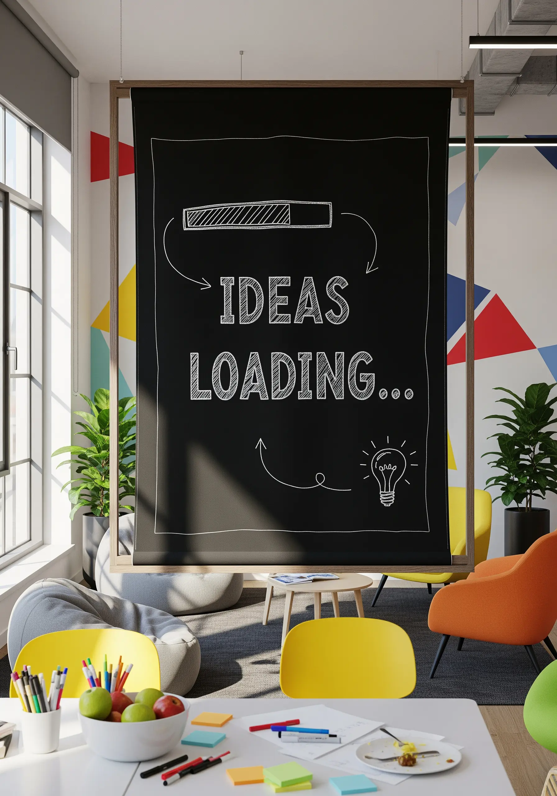 Black fabric banner with white sketch-style stitching resembling chalk