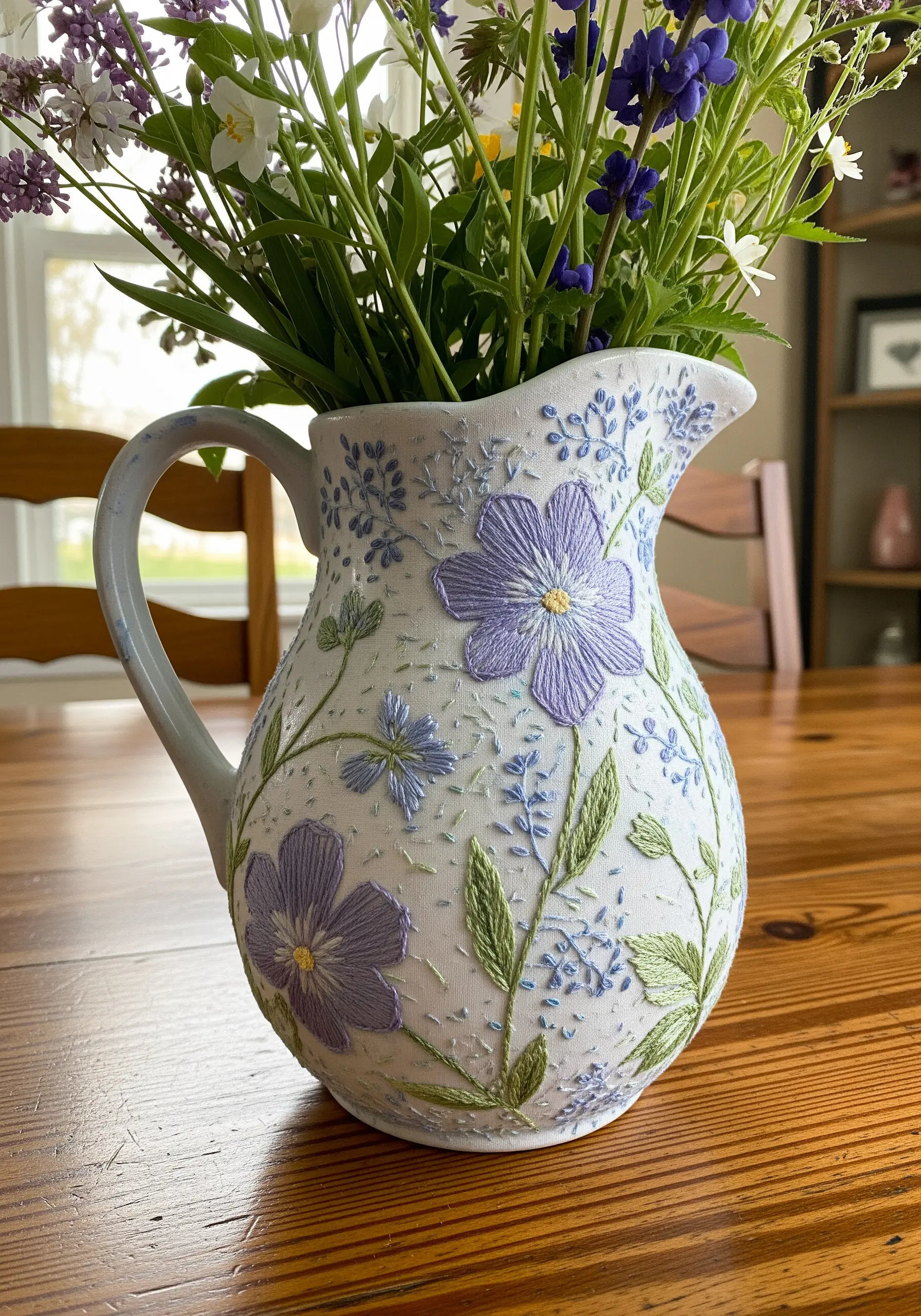 A white ceramic pitcher embellished with delicate purple and blue floral embroidery.