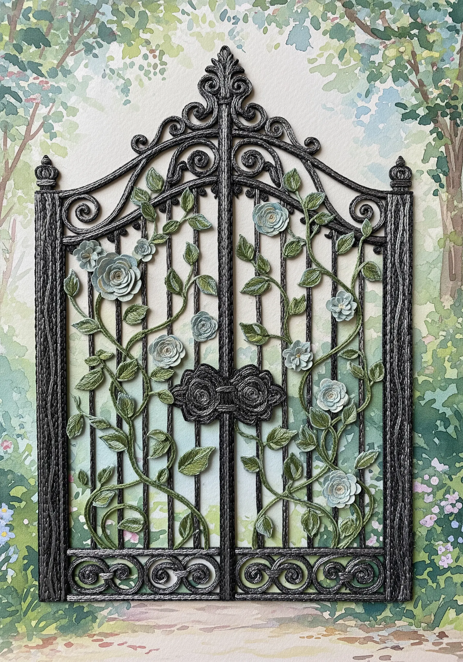 A garden gate made from thread-wrapped wire, decorated with paper roses and embroidered vines.