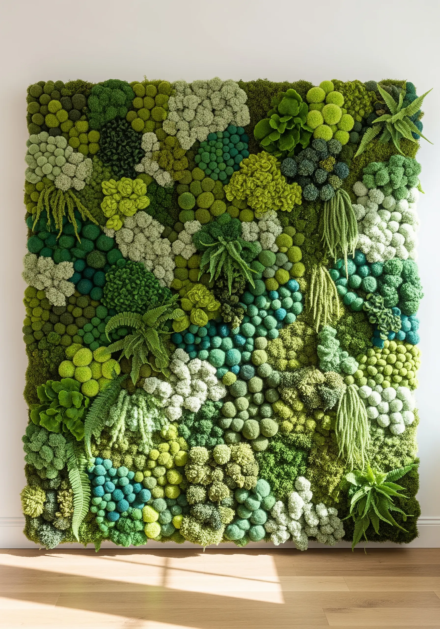 Textured wall art mimicking moss and greenery using various yarn knots