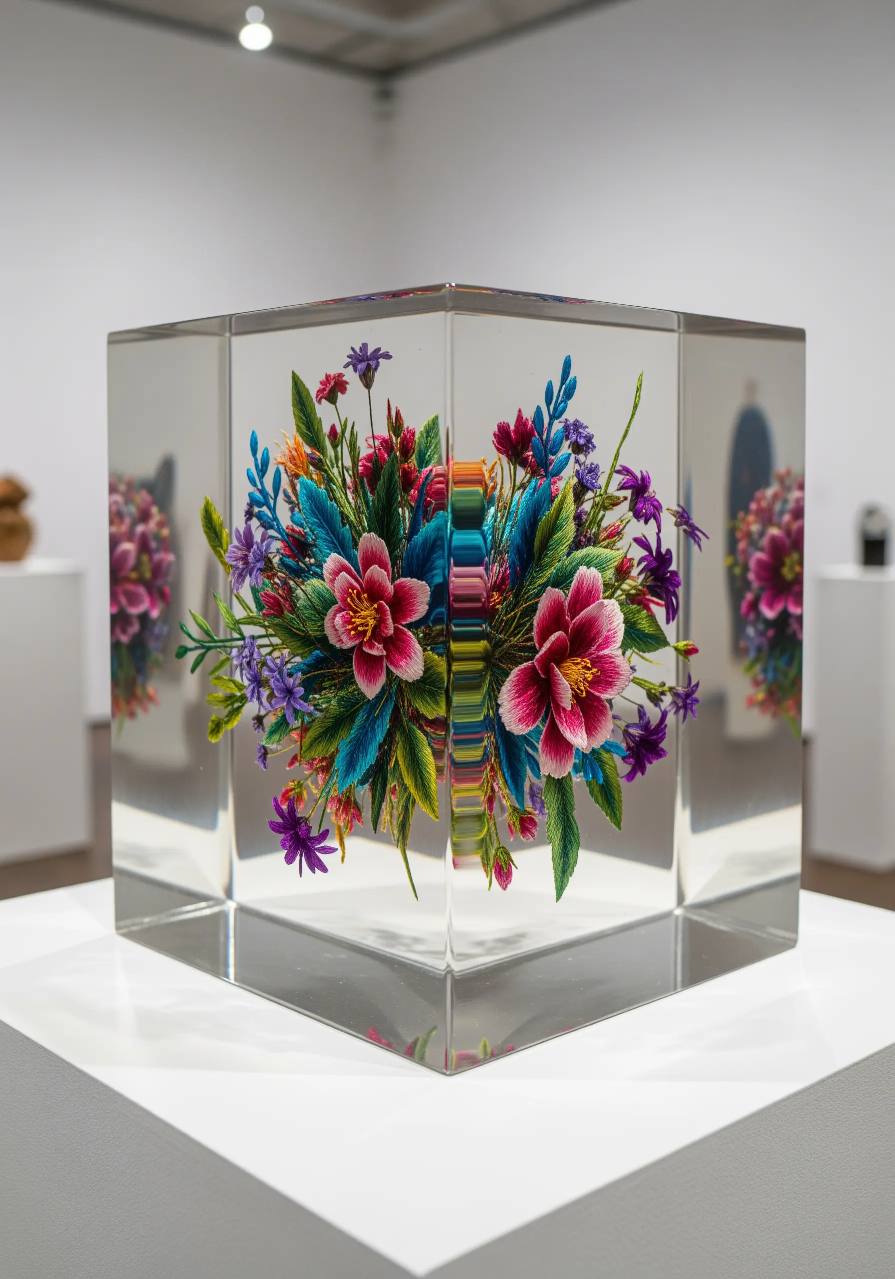 A vibrant, 3D embroidered floral bouquet appears suspended inside a clear acrylic cube on a gallery pedestal.