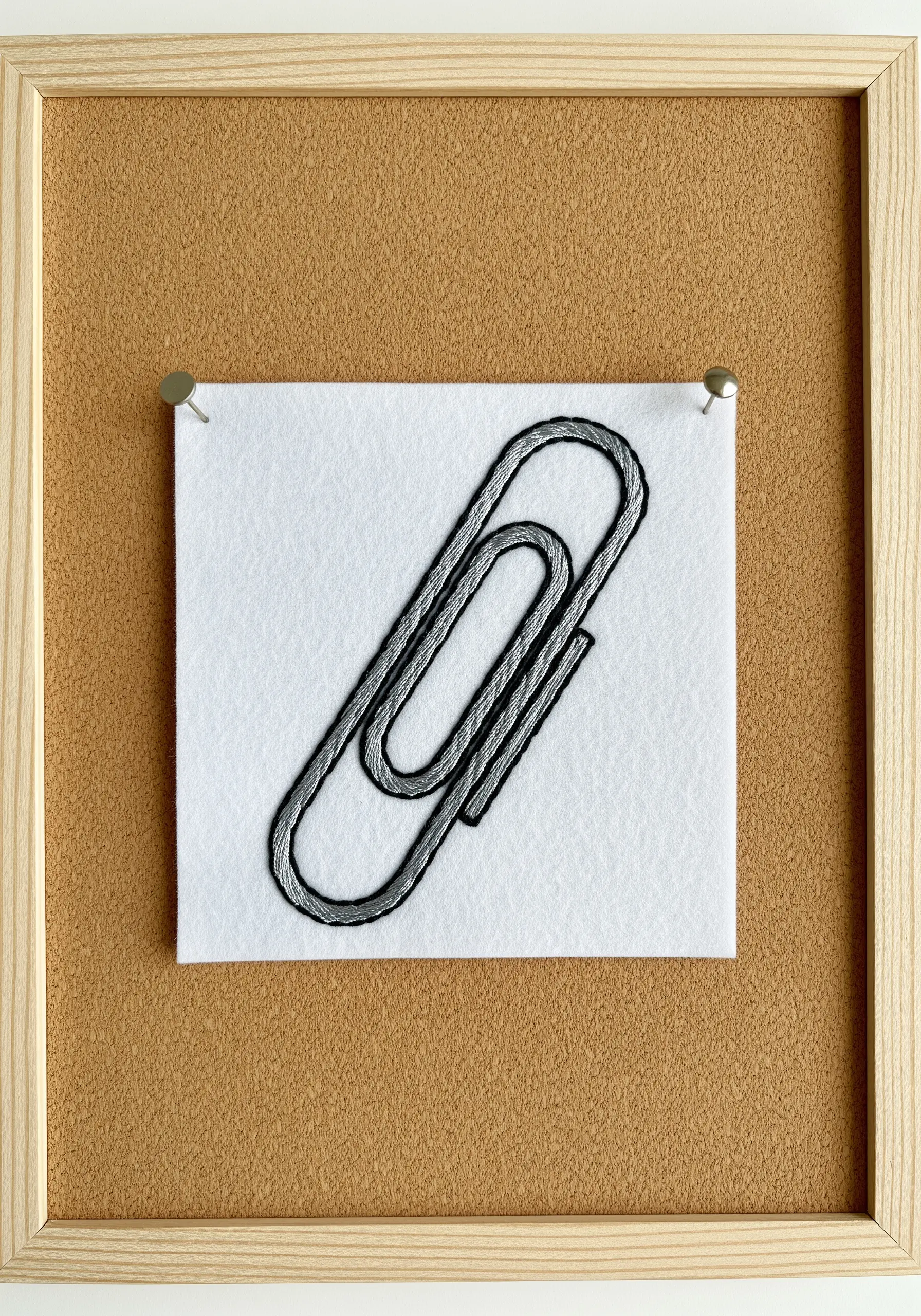 A paperclip embroidered with grey and silver threads to create a metallic effect.