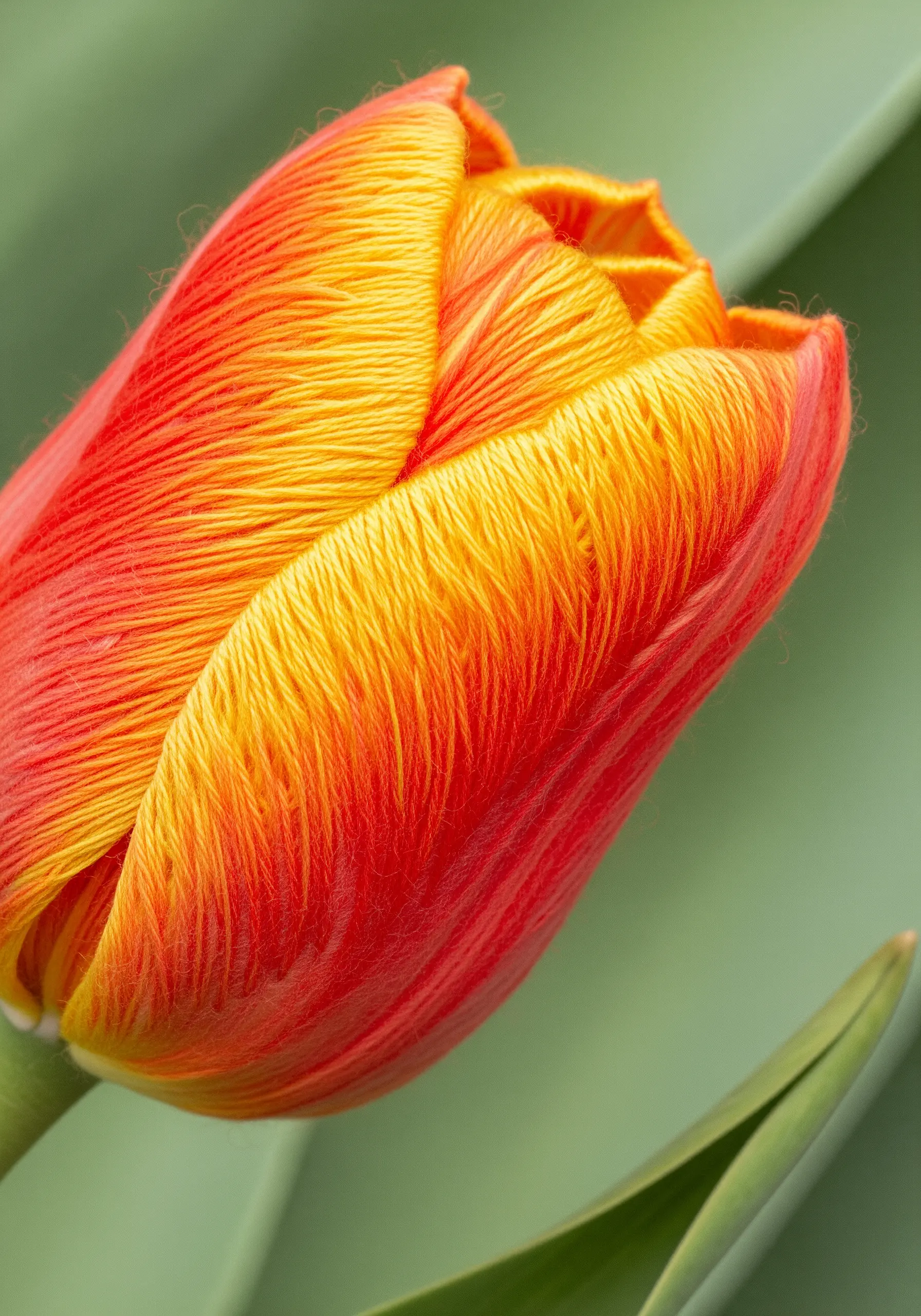 Macro view of an orange and yellow tulip embroidery showing stitch direction