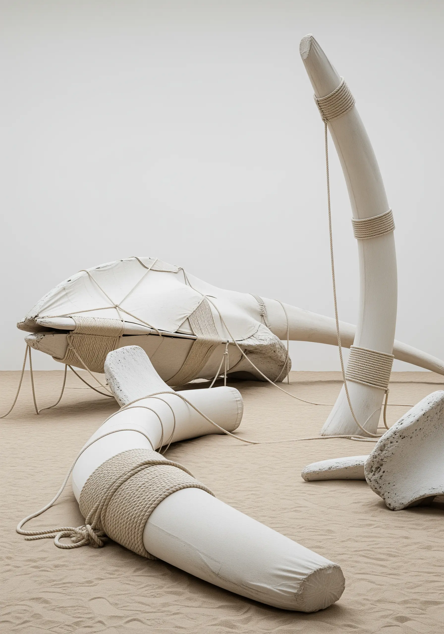 Large, white sculptural forms resembling whale bones, wrapped in rope and resting on sand.