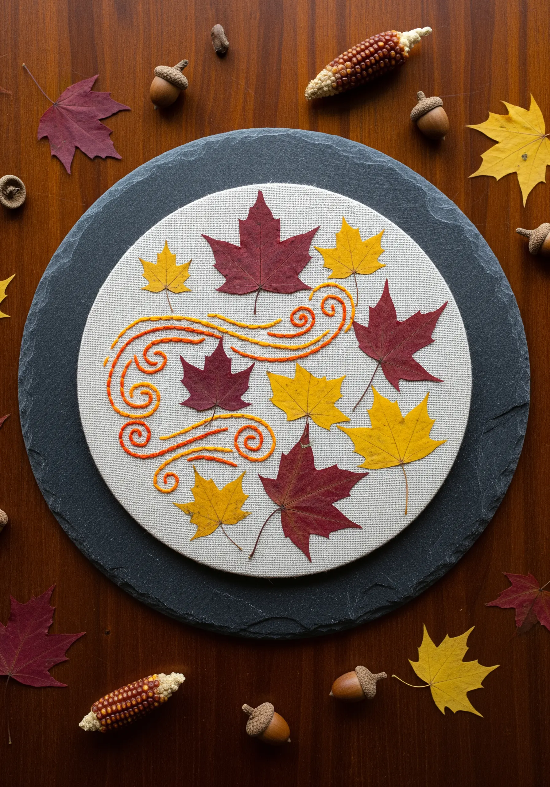 Autumn leaves and orange stitching on a dark slate circle