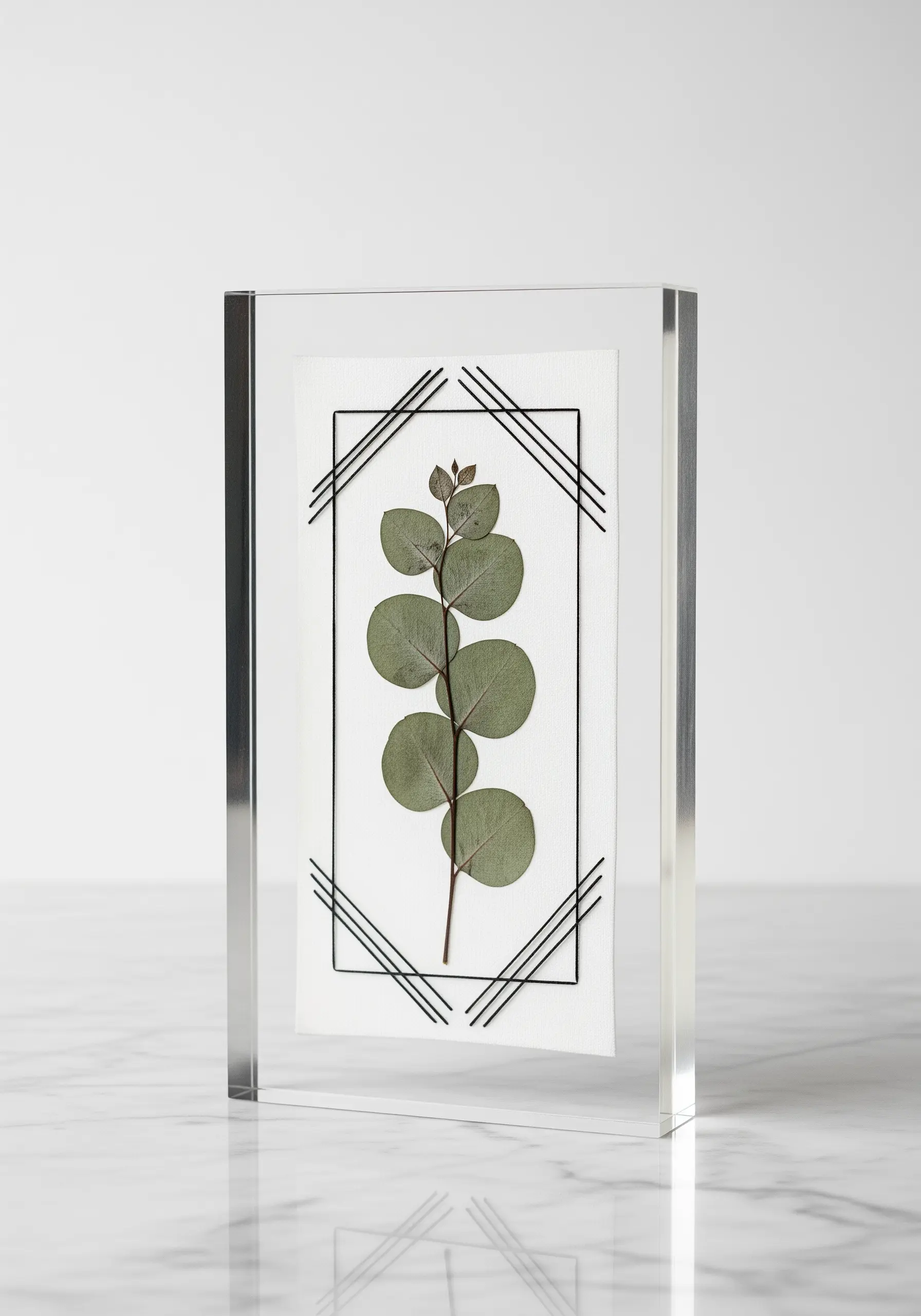 Eucalyptus branch framed in a clear acrylic block with black lines