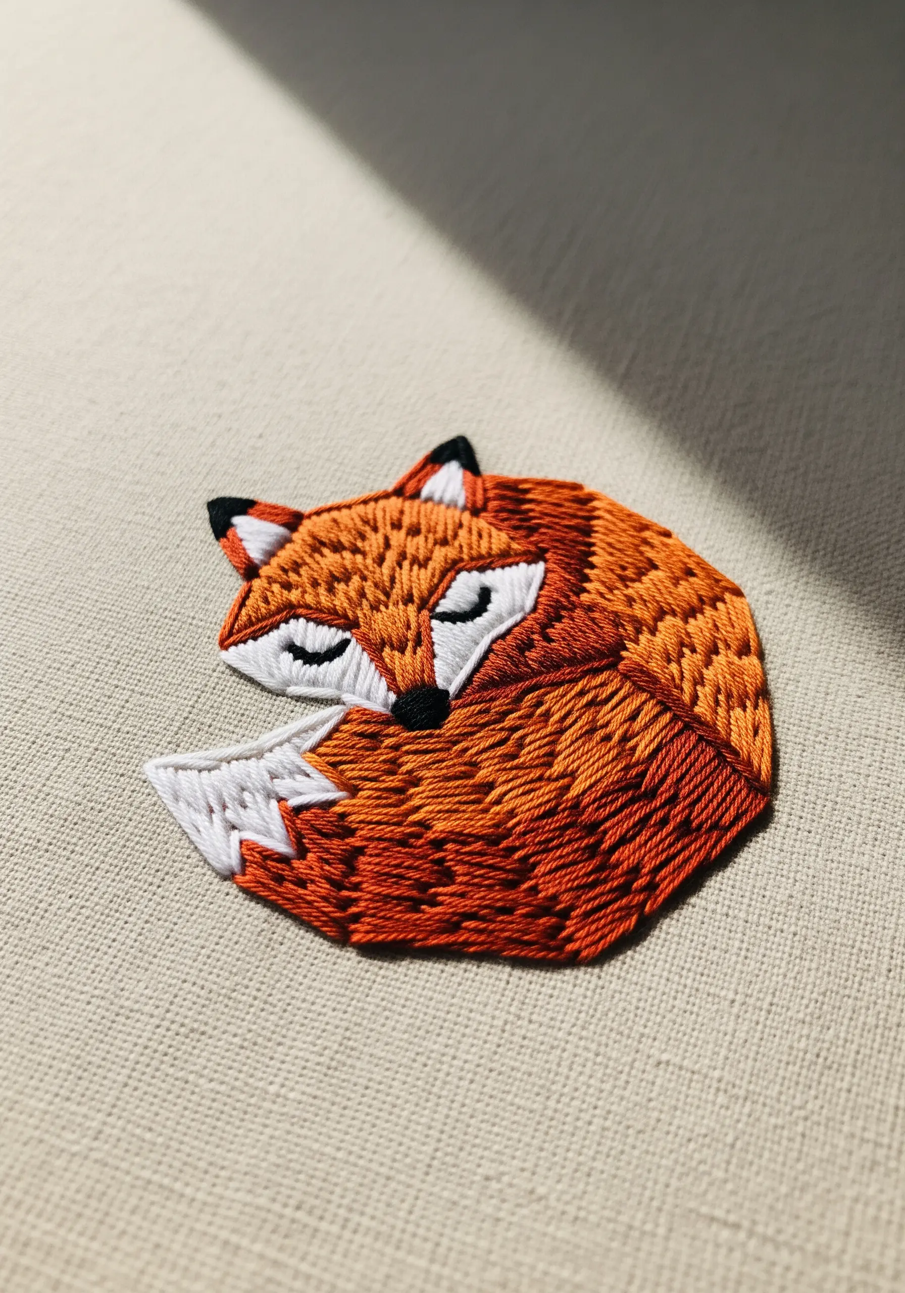 Embroidery of a sleeping fox using long and short stitch for texture