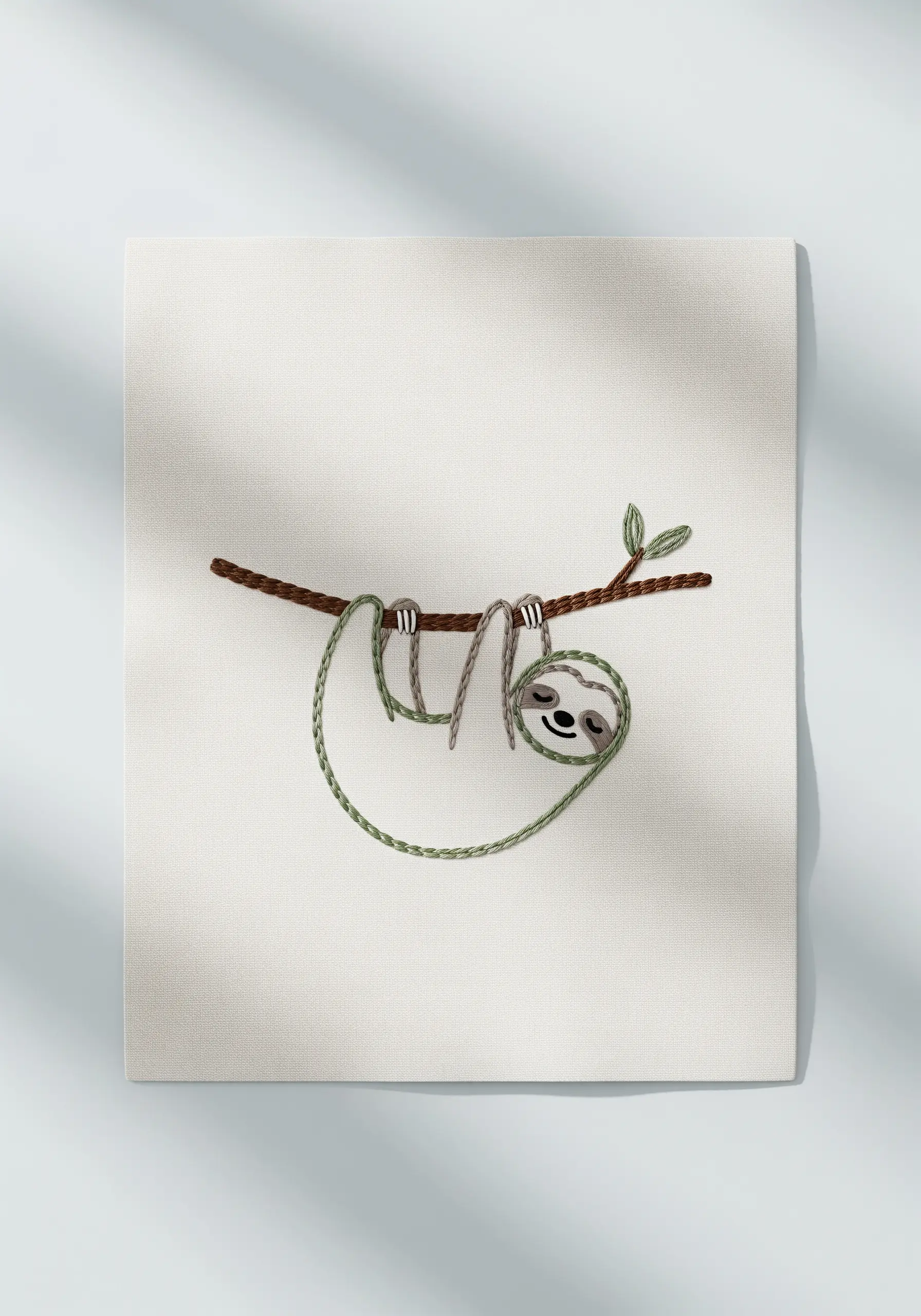 Minimalist hanging sloth embroidery on a simple branch