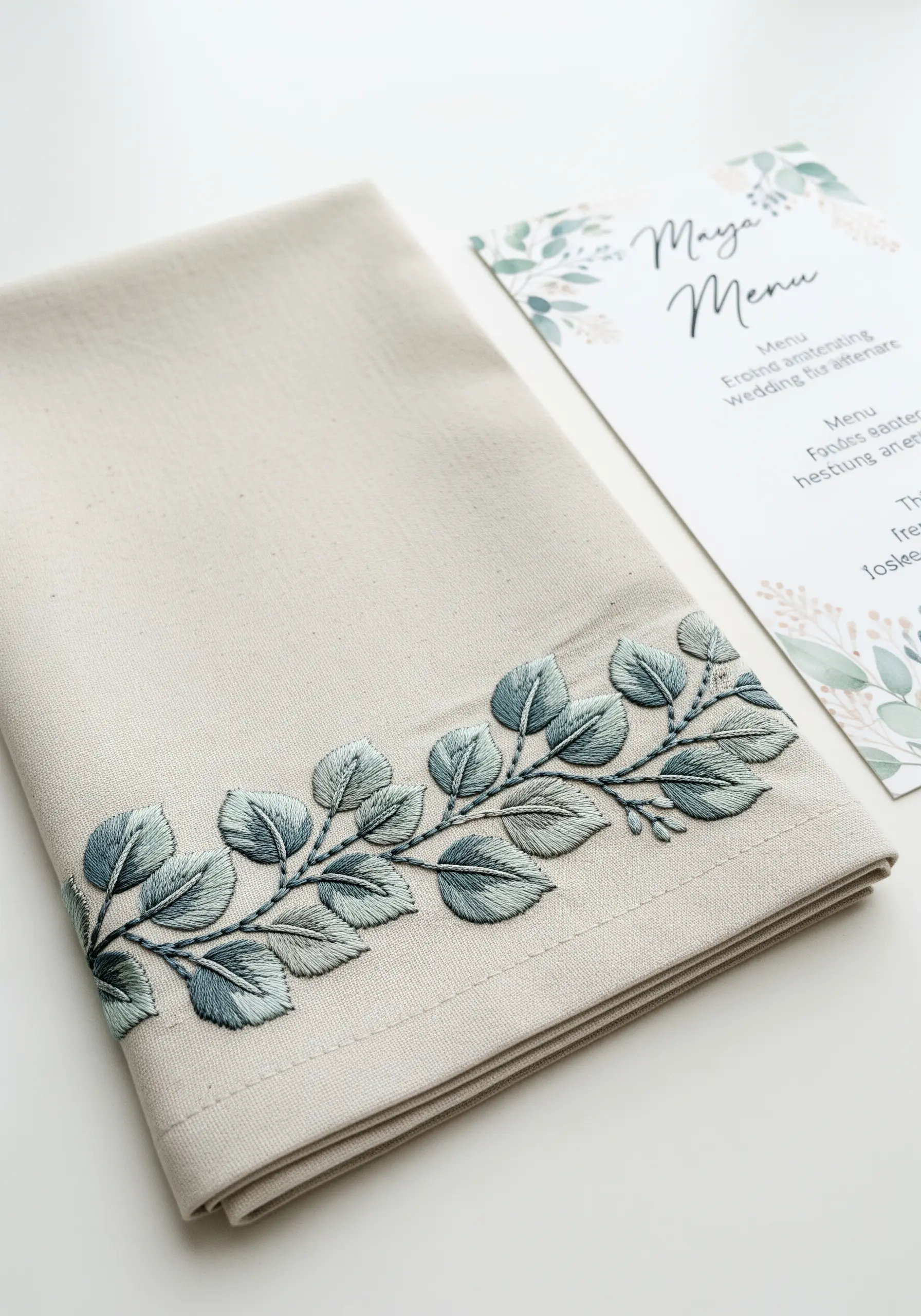 Dusty blue eucalyptus leaves with soft color blending on a natural linen napkin.