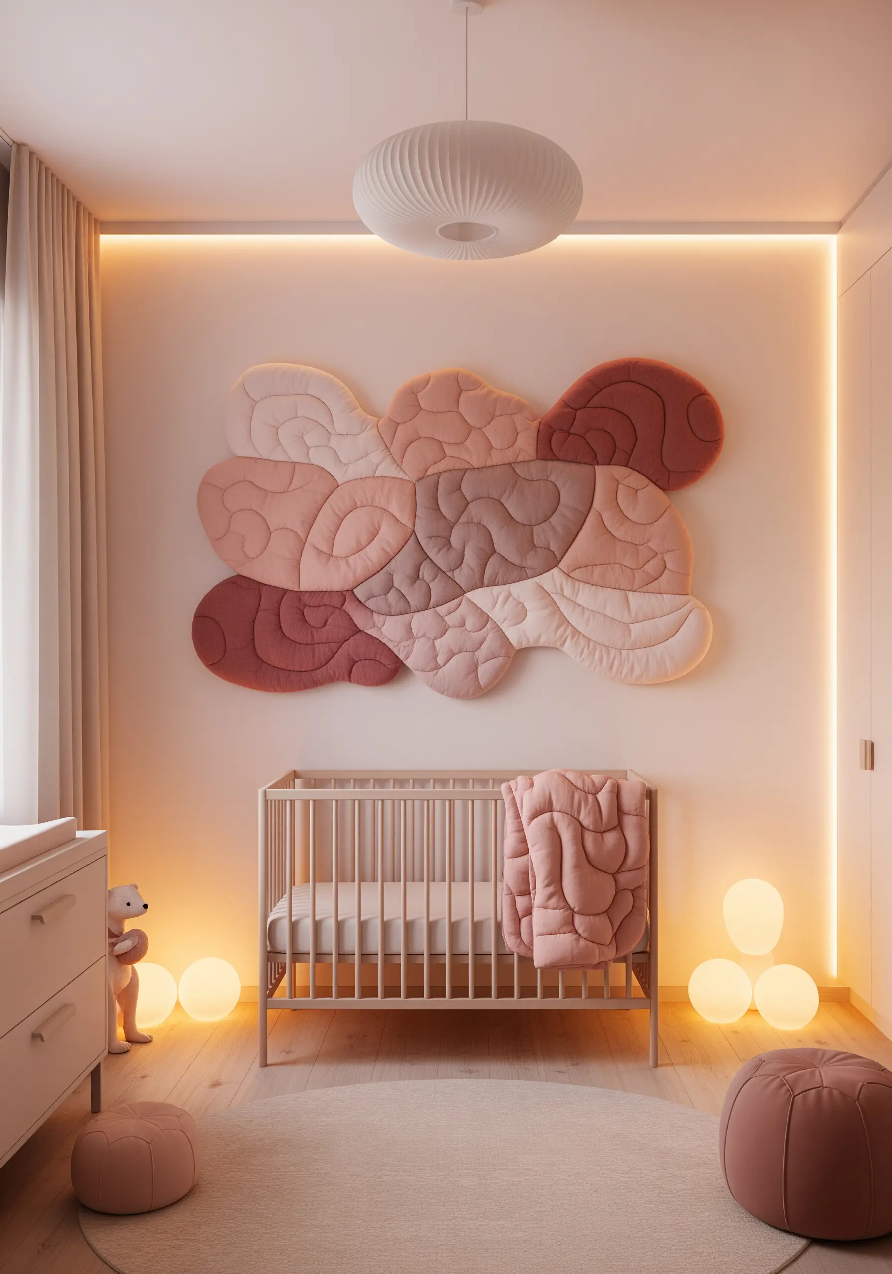 A soft, padded wall art piece in shades of pink and rose, shaped like clouds, above a crib.