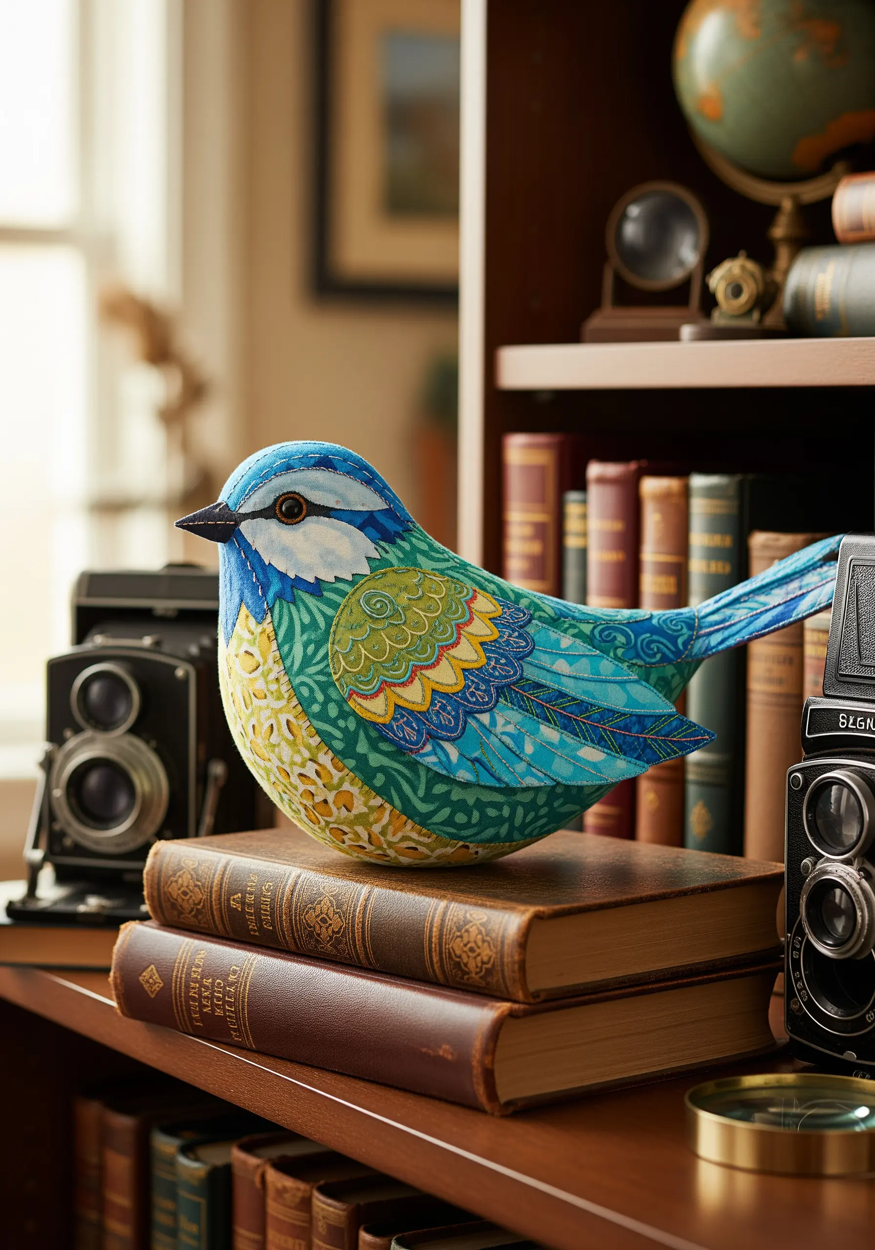 Stuffed fabric bird with embroidered wings