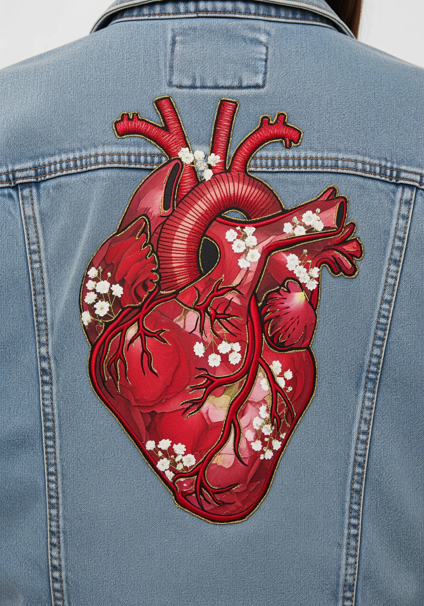 Anatomical heart appliqué on a denim jacket, filled with red petals and tiny white flowers.