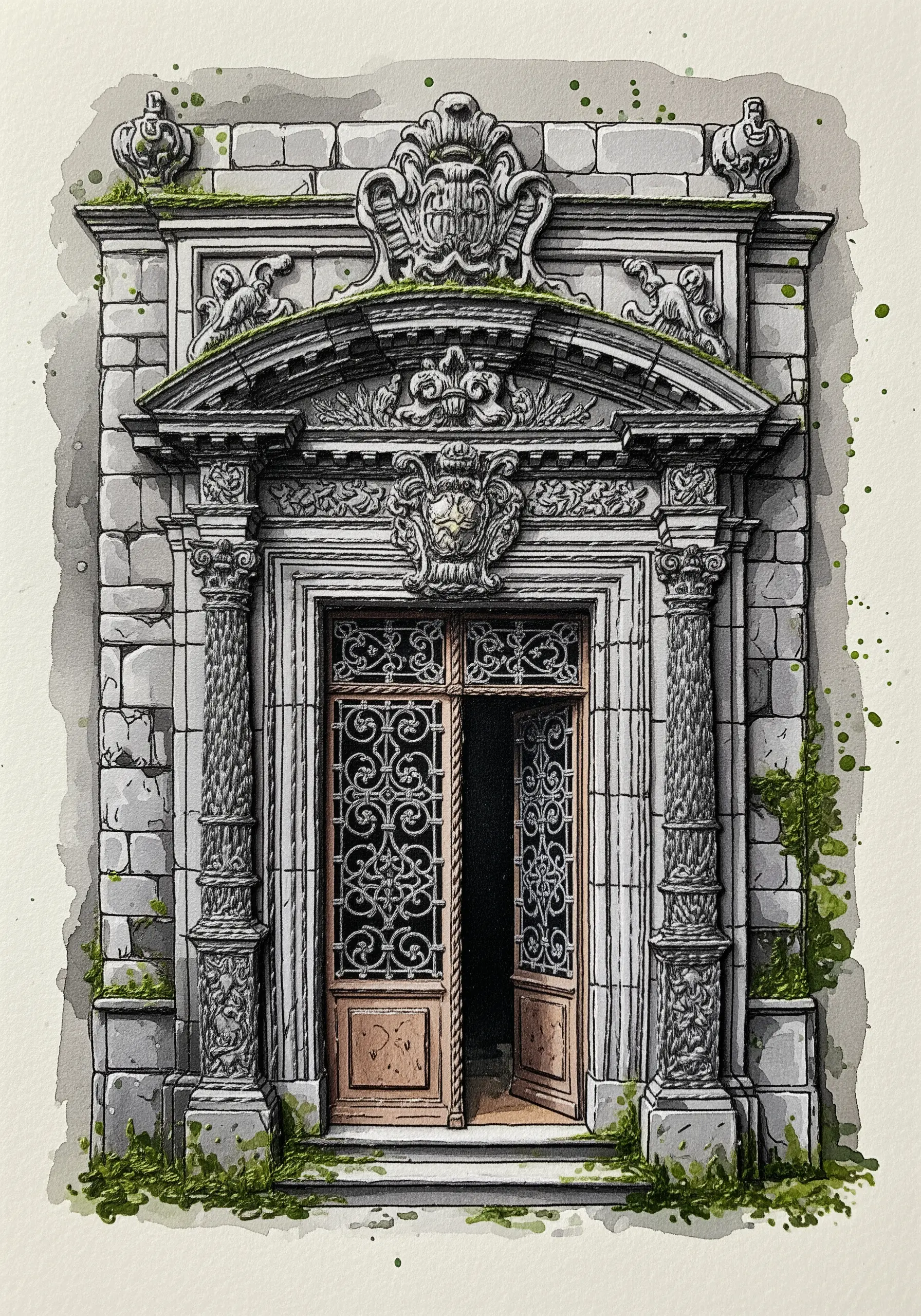 An architectural illustration of a stone doorway with subtle green French knots for moss.