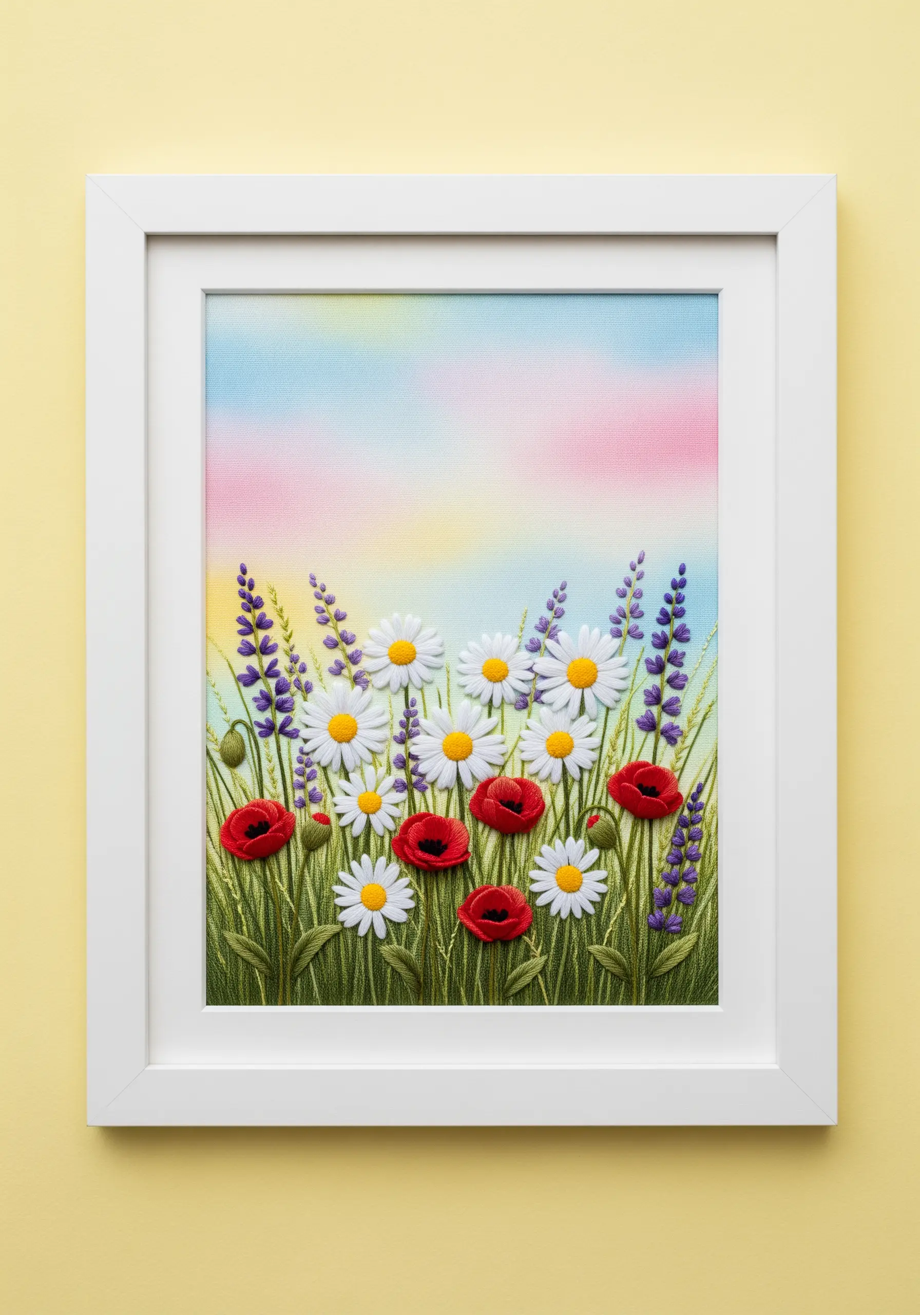 Pastel wildflower meadow embroidery in white frame