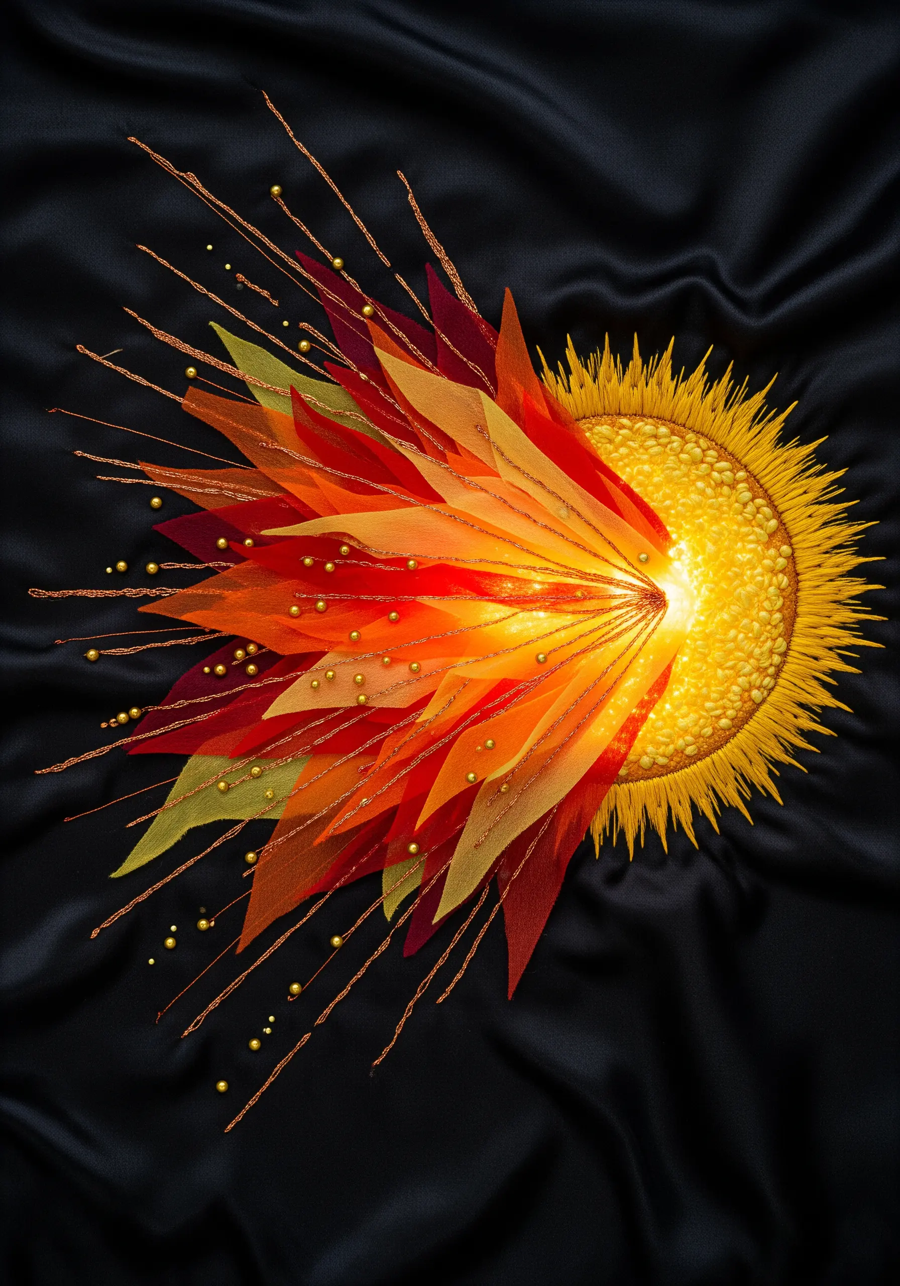 An embroidered sun with layered orange and red organza creating a solar flare effect.