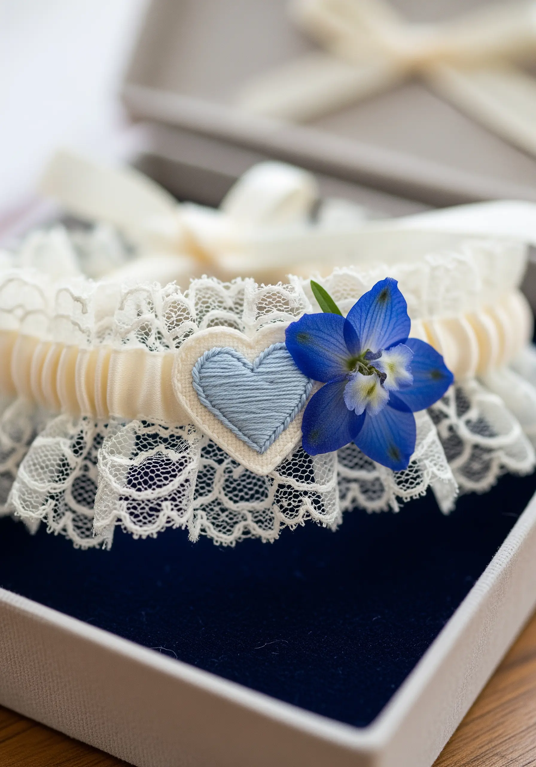 A lace bridal garter featuring a small, light-blue embroidered heart and a single pressed delphinium flower.