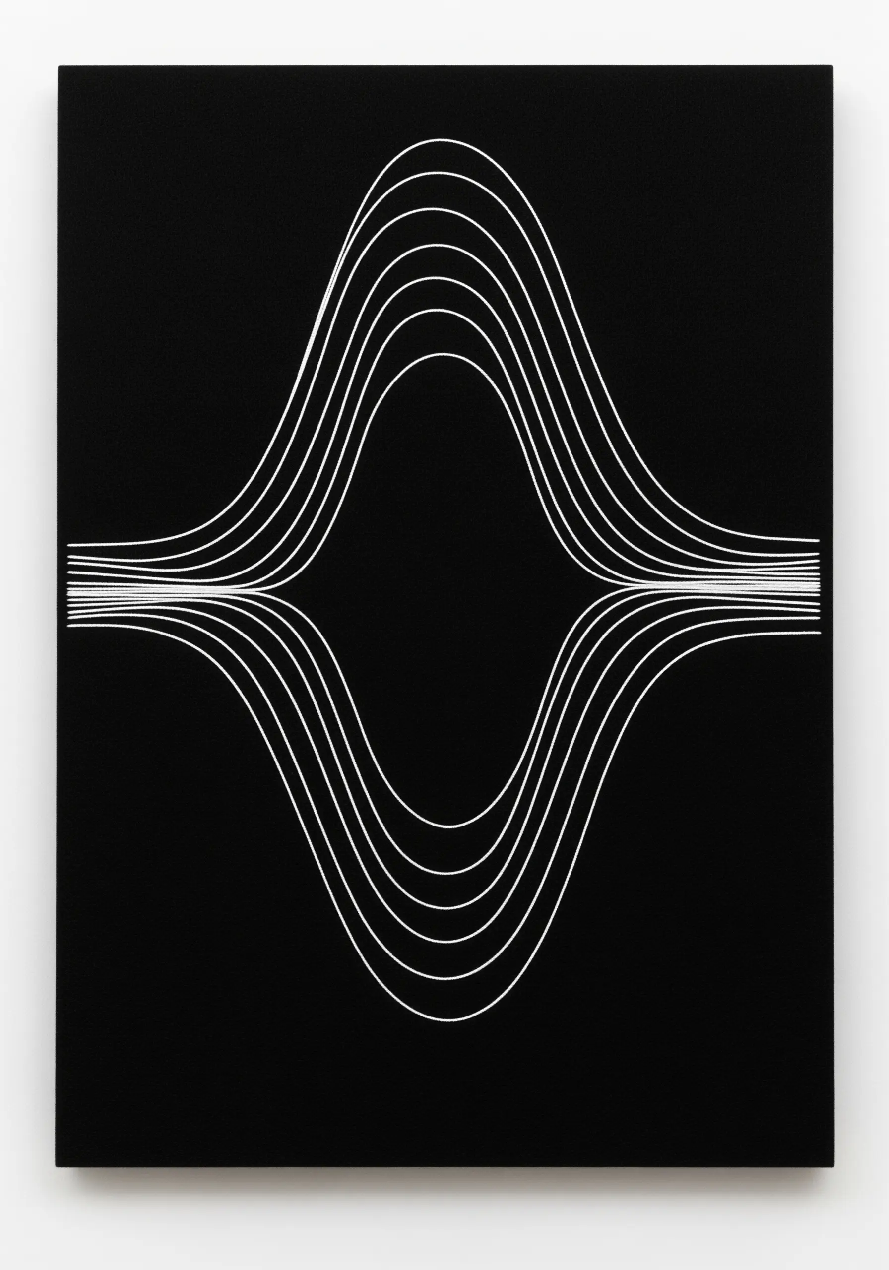 Minimalist abstract embroidery of a symmetrical white waveform on a black canvas.