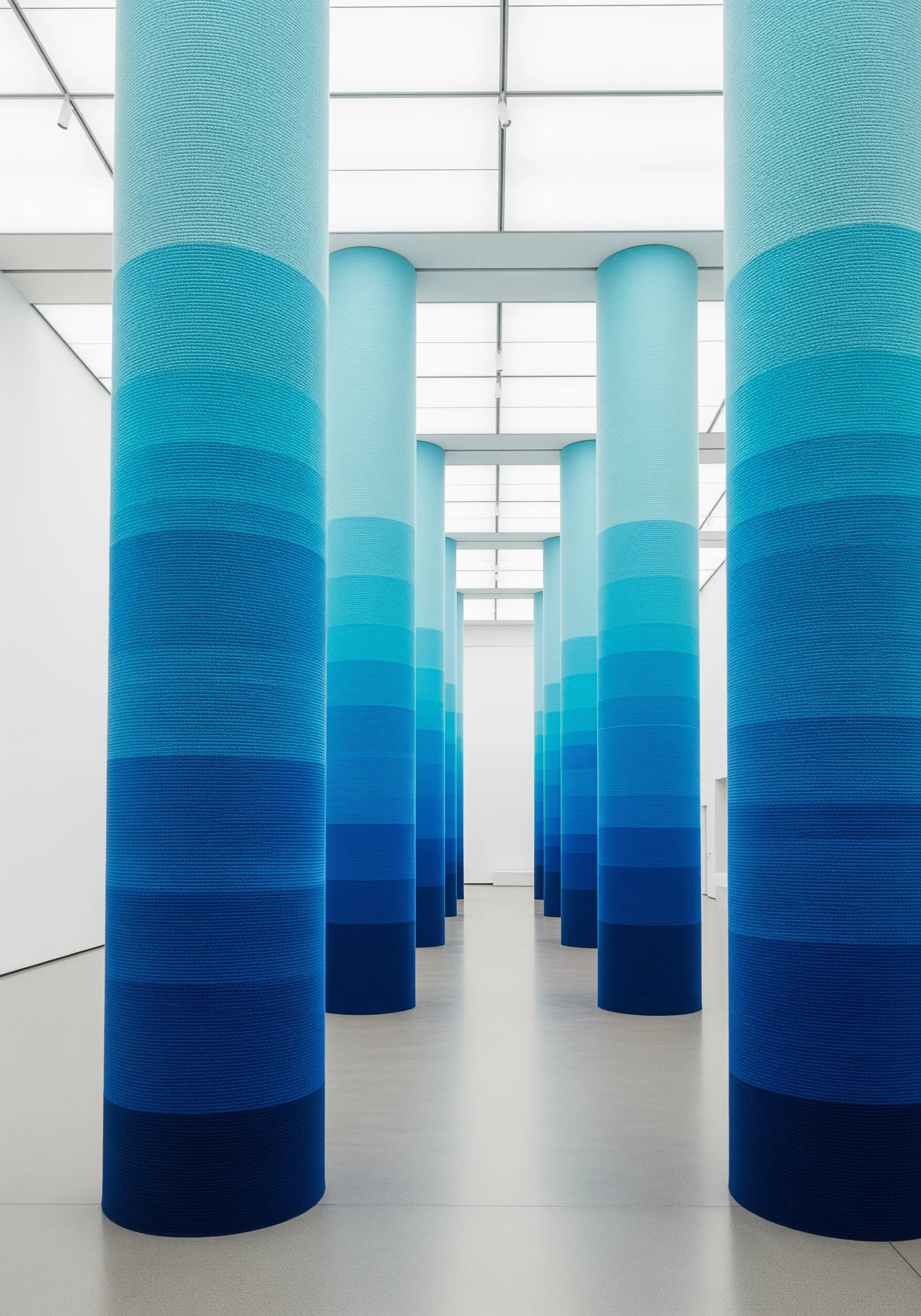 Tall gallery columns wrapped in bands of blue thread, creating a smooth gradient.