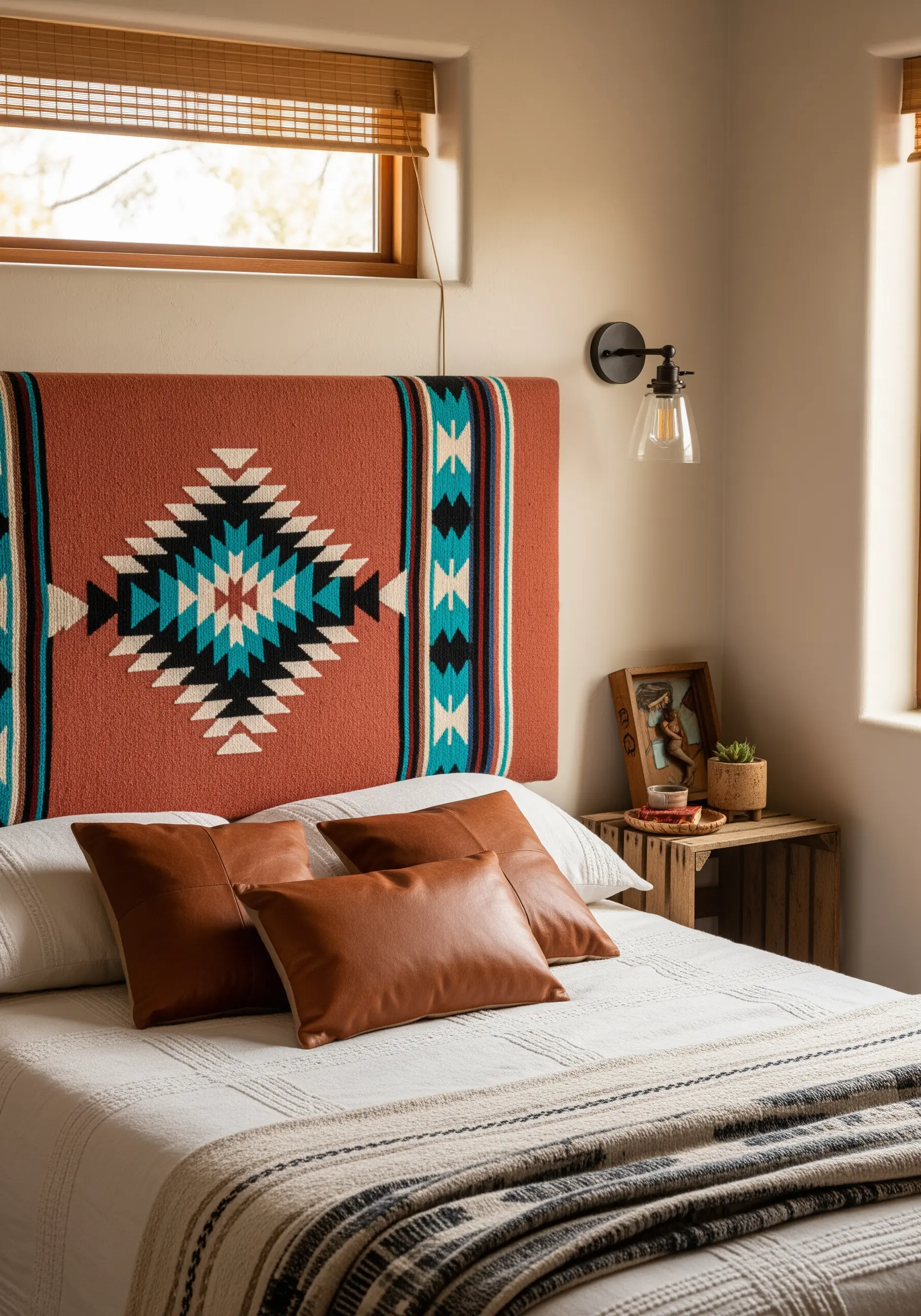 A Southwestern-patterned woven blanket stretched over a rectangular frame as a headboard.