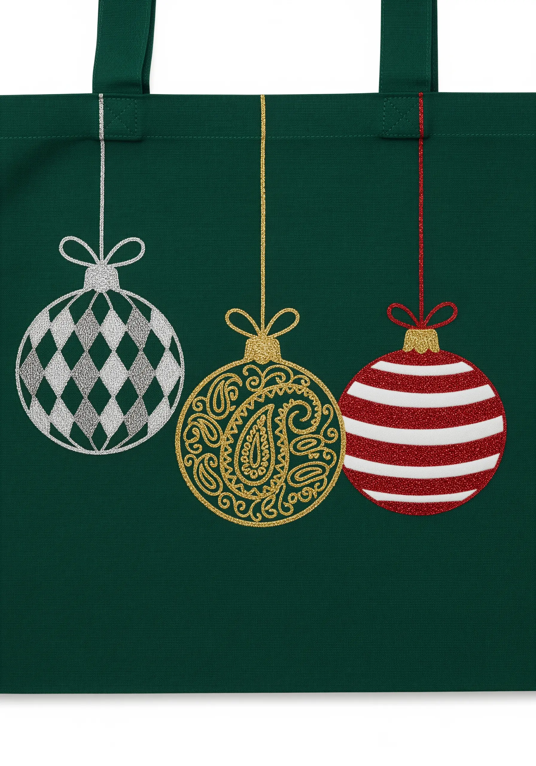 Three embroidered Christmas ornaments in silver, gold, and red glitter thread on a green tote.