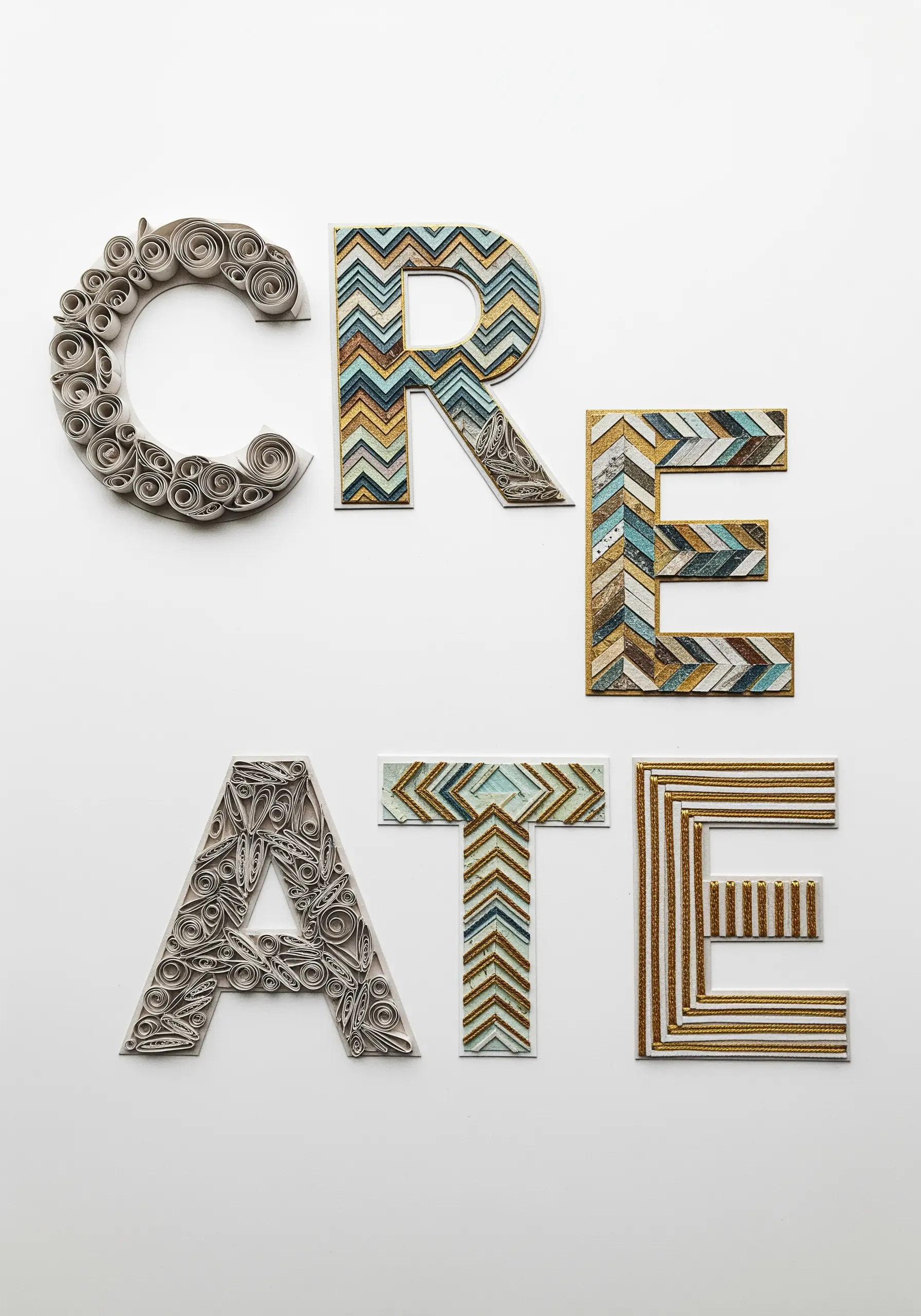 The word 'CREATE' made from different paper art and quilling techniques for each letter.