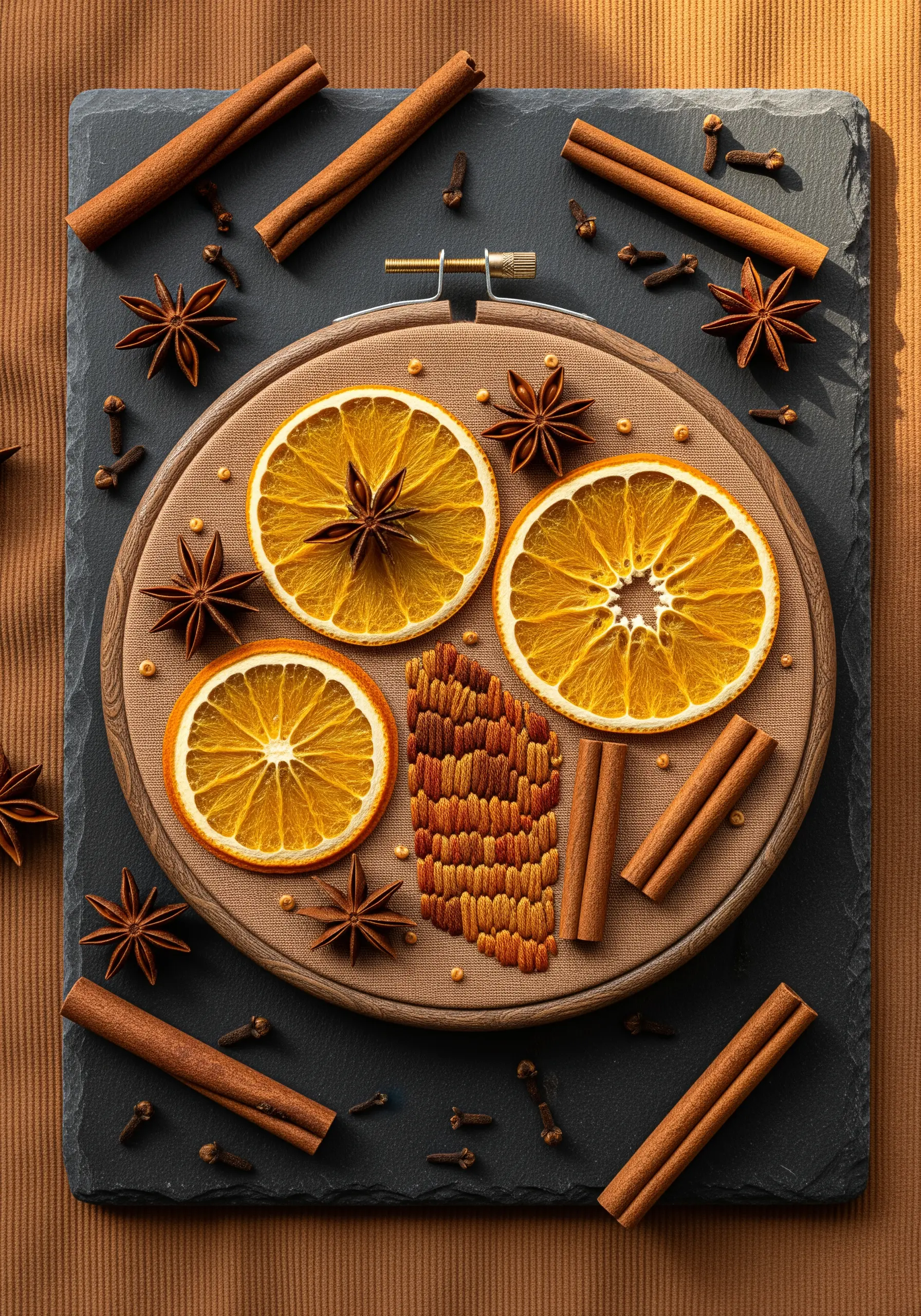 Embroidery hoop with real dried orange slices, star anise, and textured thread painting.