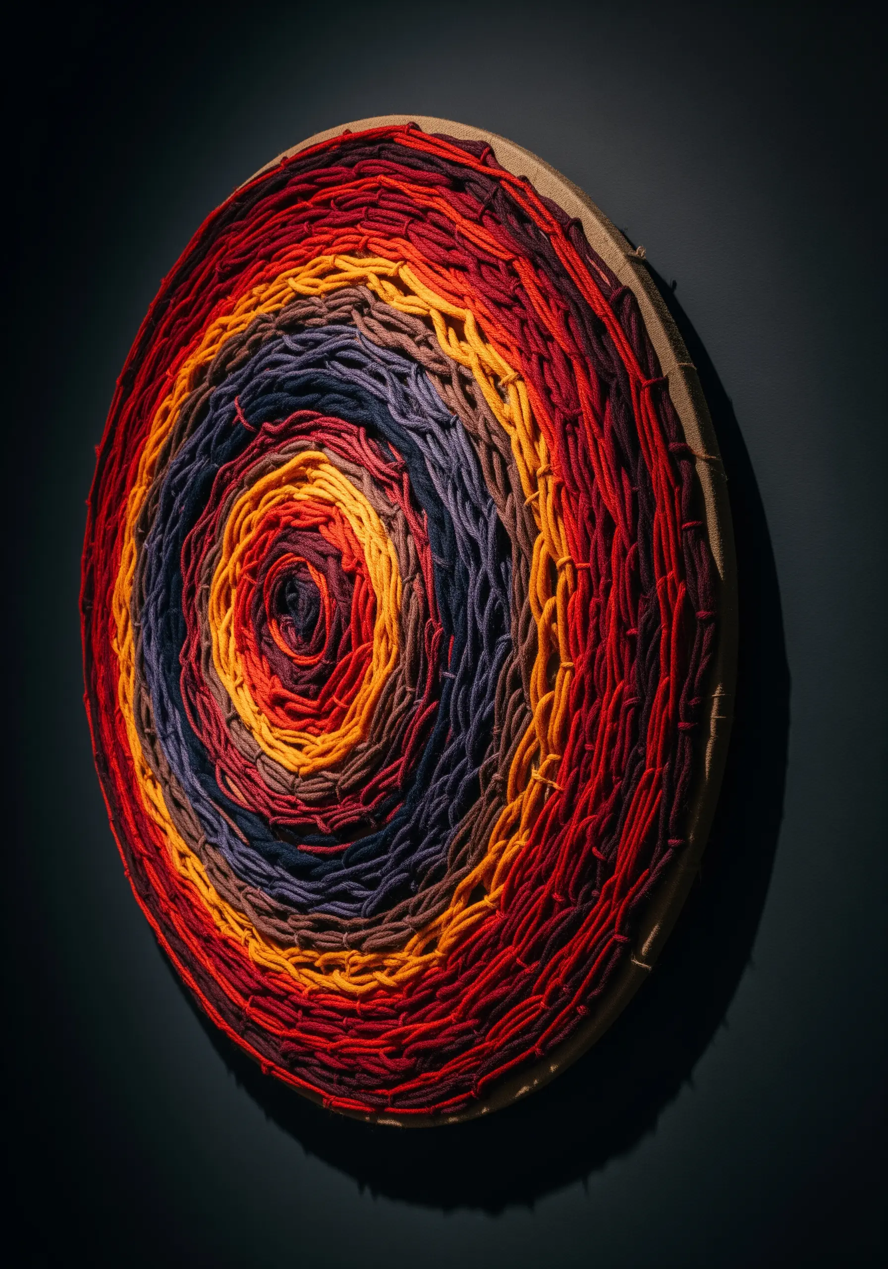 A circular wall hanging with thick, couched yarns in a spiral of red, orange, yellow, and purple