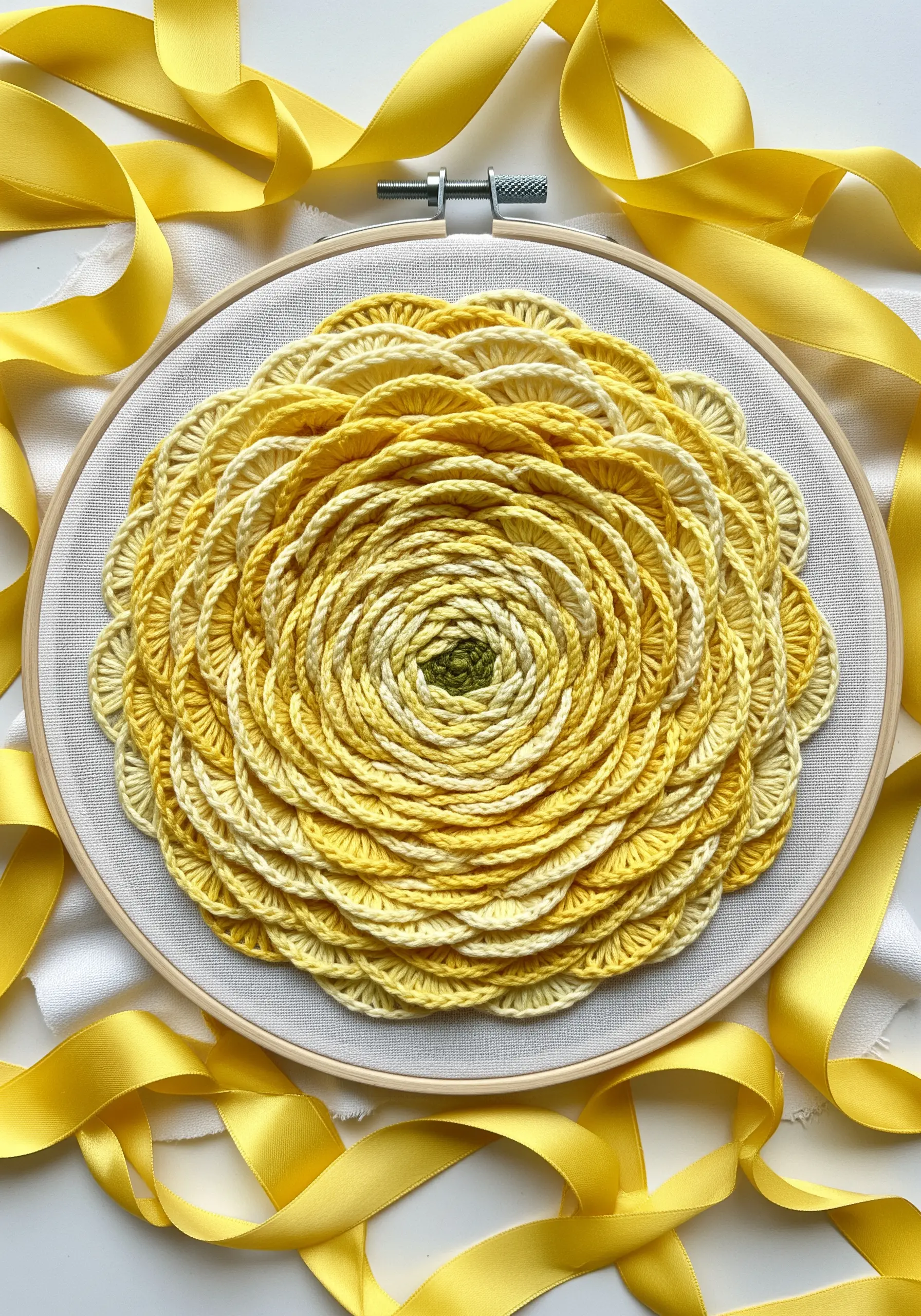 Top-down view of a yellow ranunculus embroidery made of dense spiral stitches