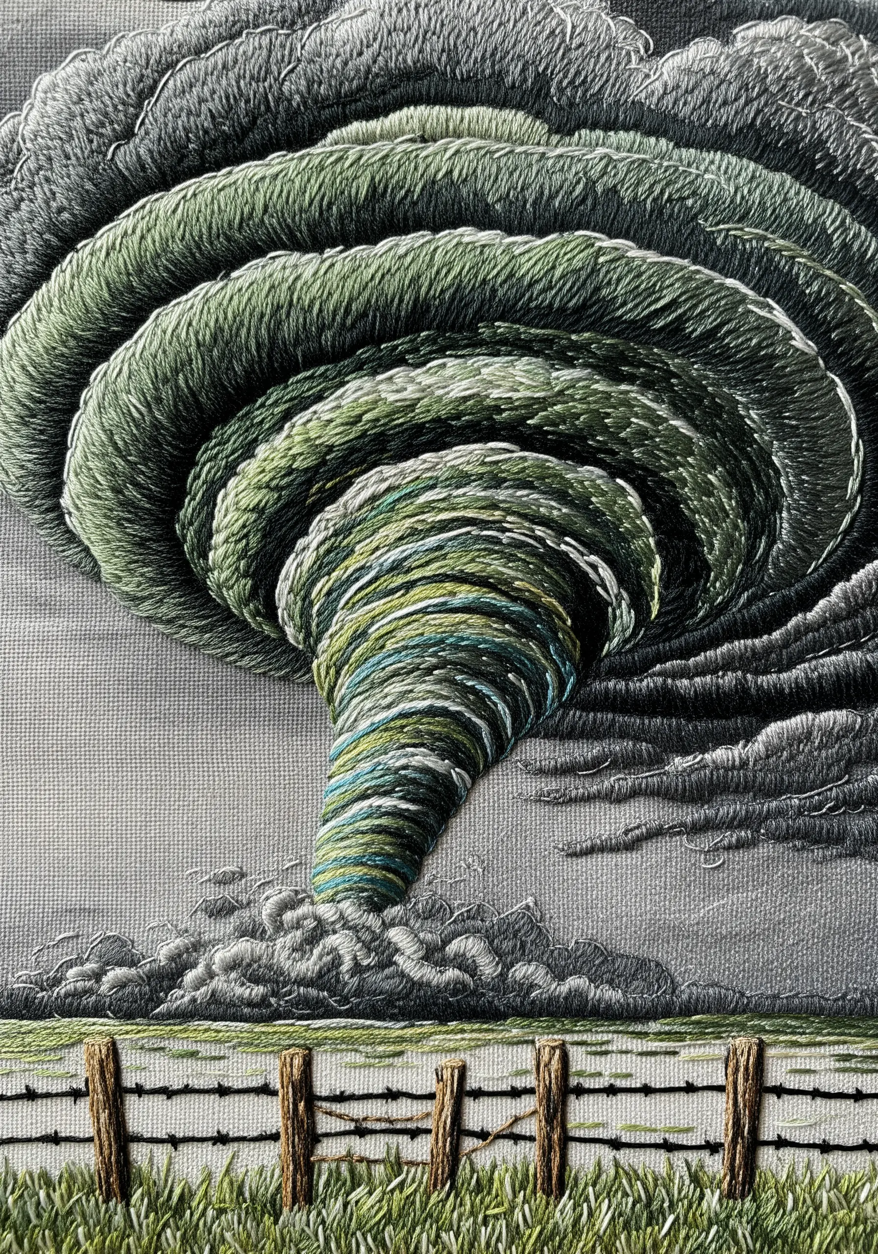 Green and grey tornado embroidery with spiraling stitches