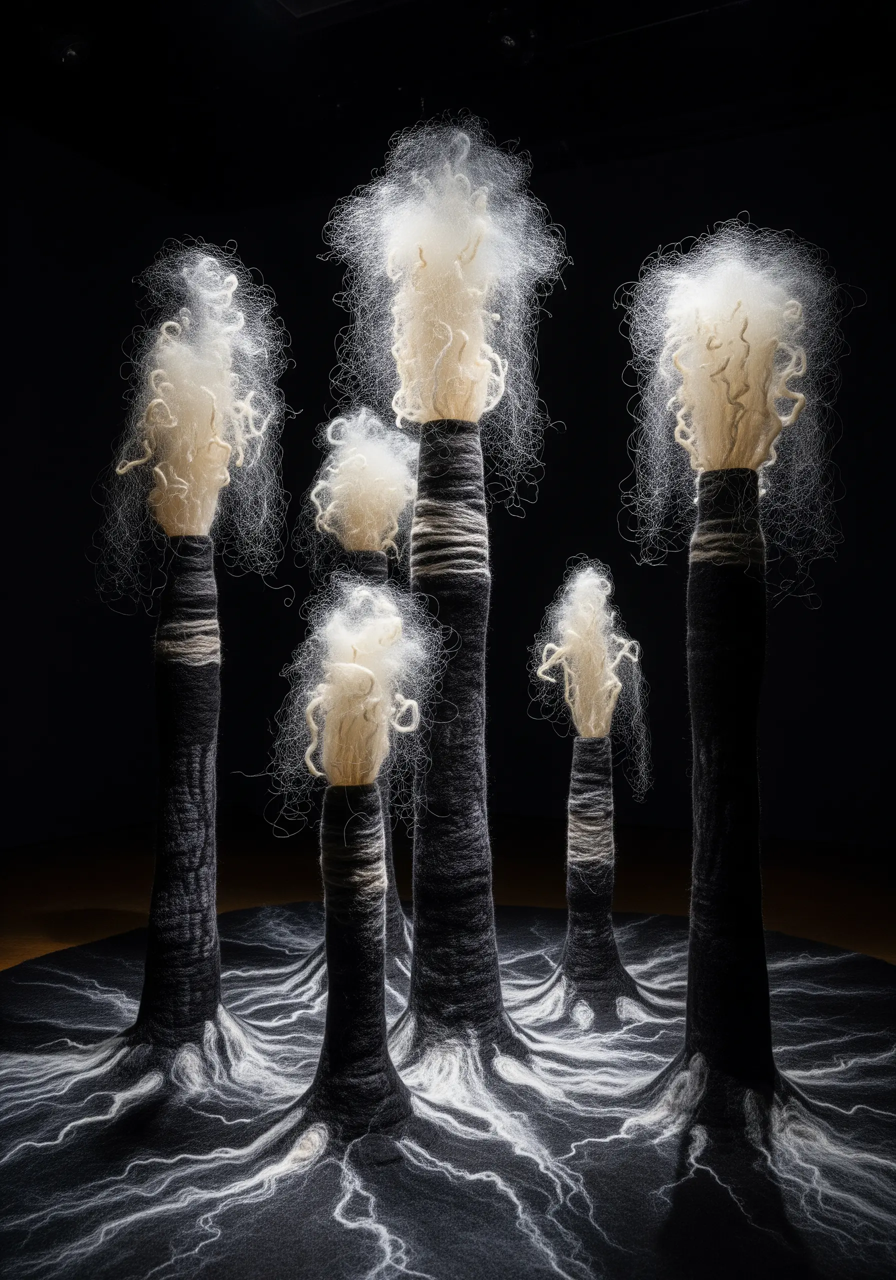 Fiber art trees with black trunks and fluffy white tops made of wool roving.