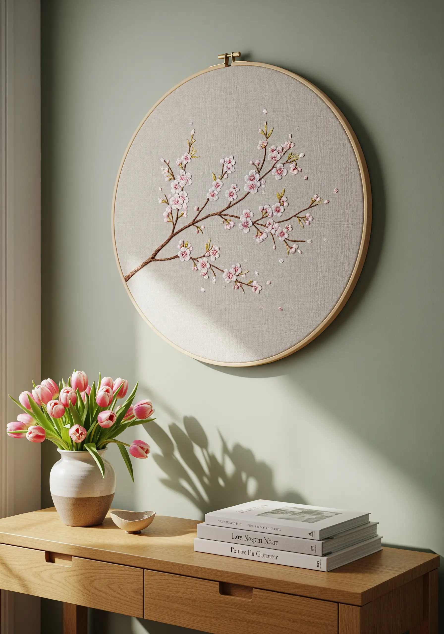 Delicate cherry blossom branch embroidery with French knots and detached chain stitches on neutral fabric.
