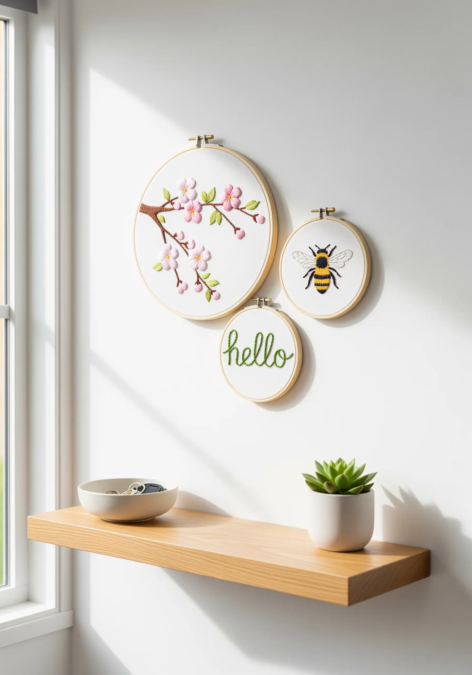 Spring-themed embroidery hoops with cherry blossoms, a bee, and the word 'hello'.