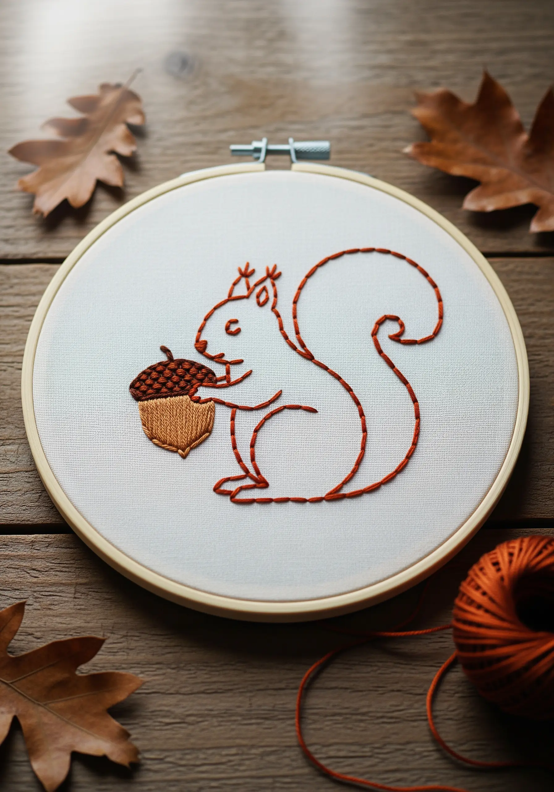Line art squirrel embroidery holding a textured acorn