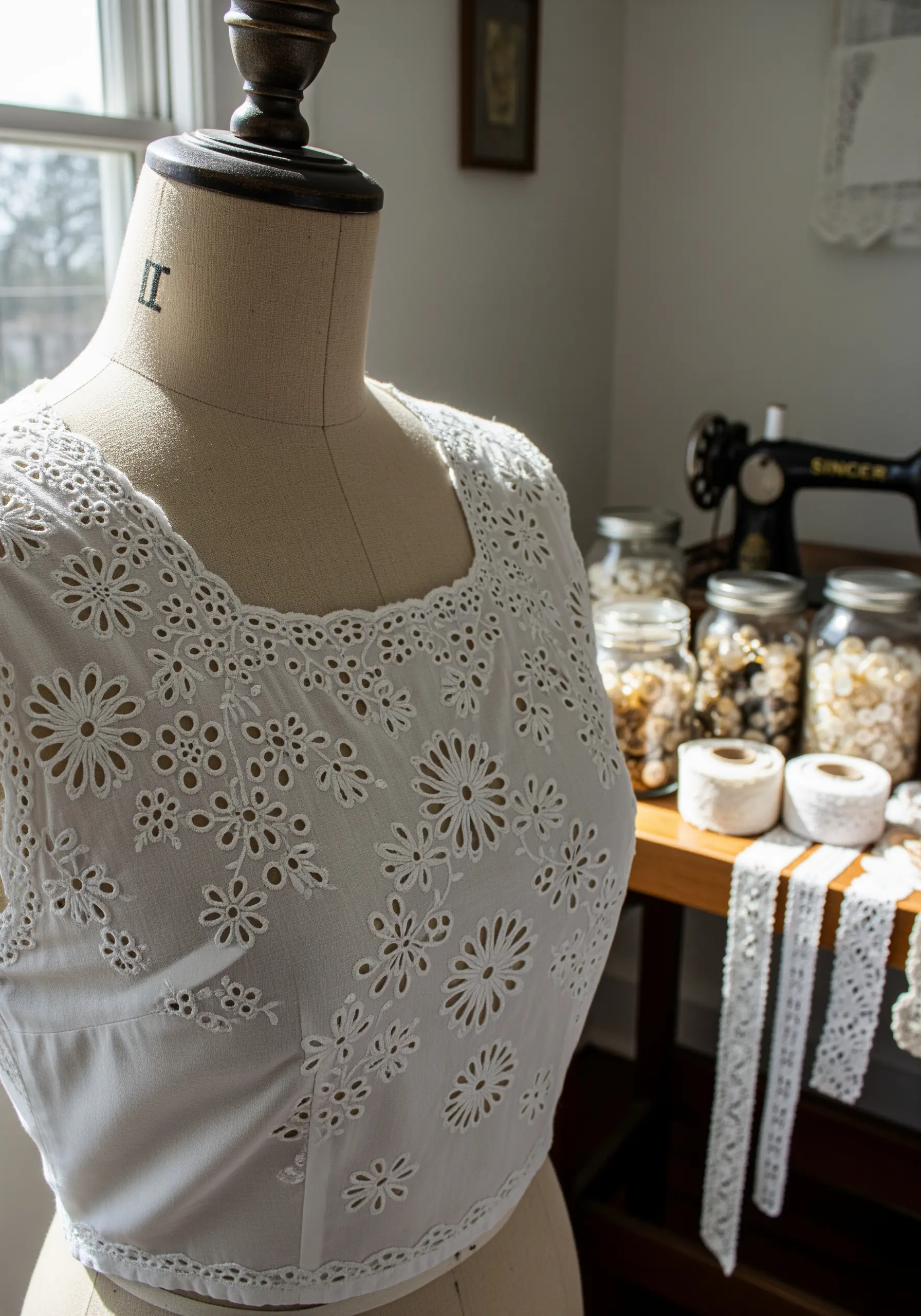 White eyelet lace dress on mannequin with sewing machine