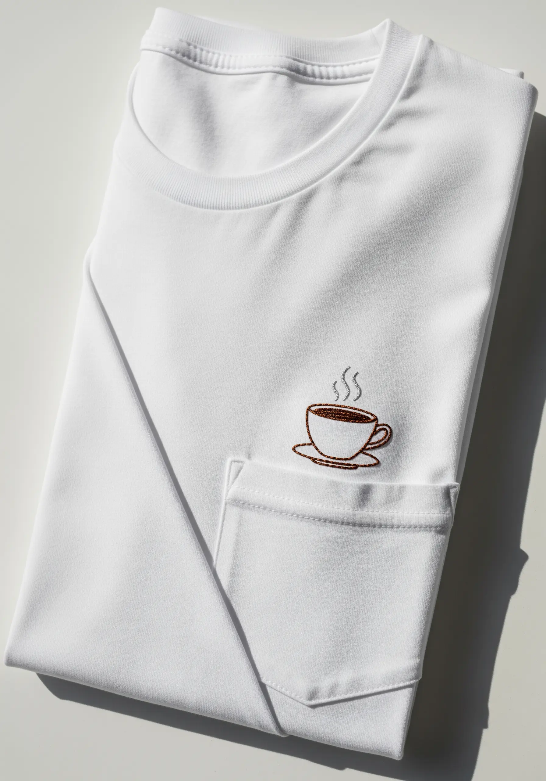 A small embroidered coffee cup on the pocket of a white t-shirt.