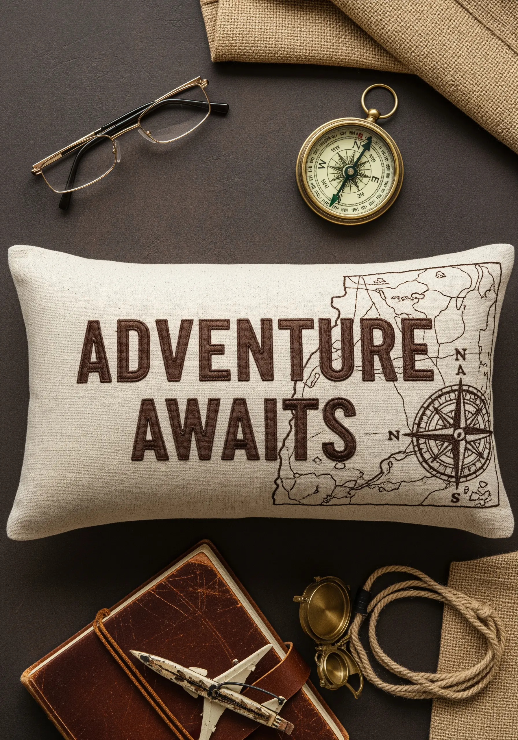 Brown padded satin stitch lettering on a canvas pillow with an adventure map motif.