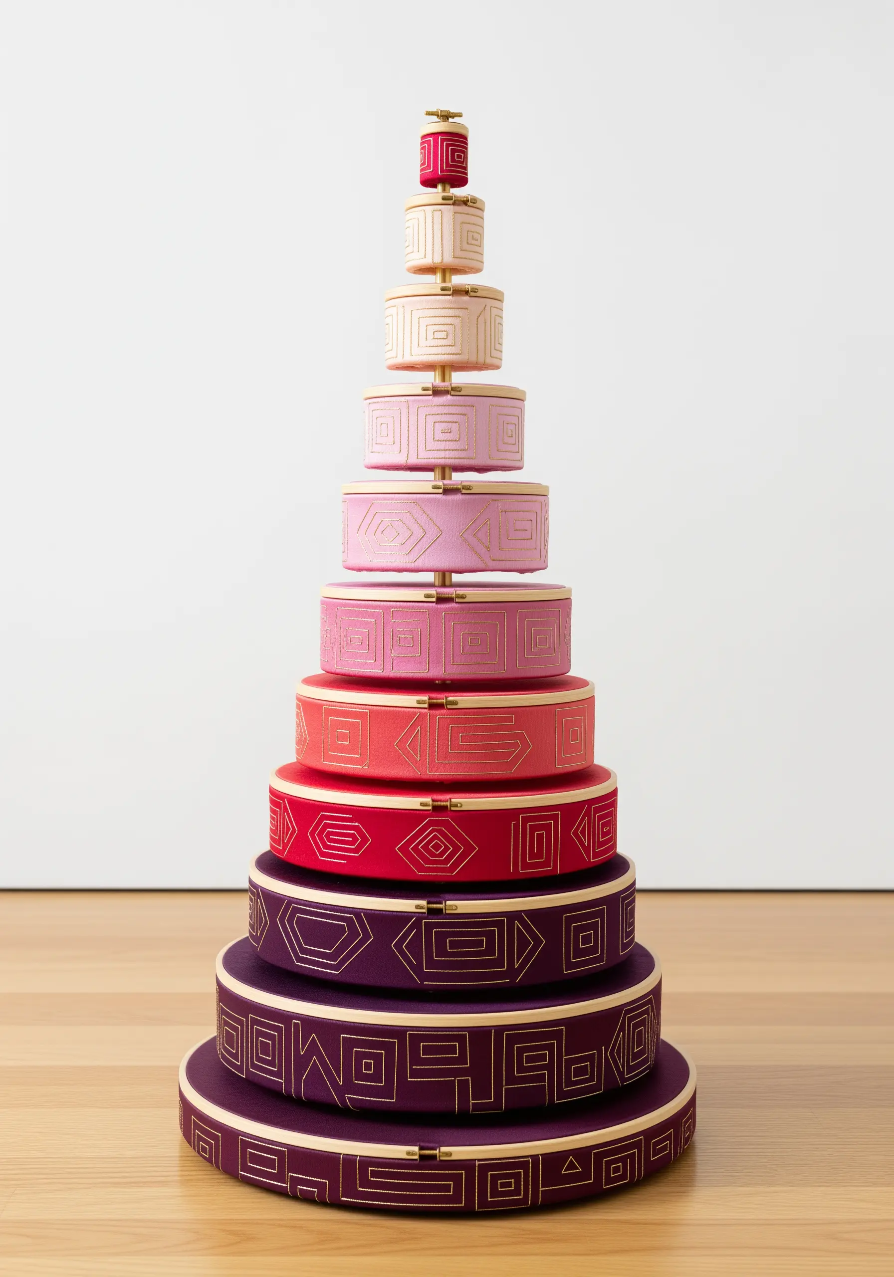 A tower of stacked embroidery hoops in a gradient of purple and pink, each stitched with a gold pattern.