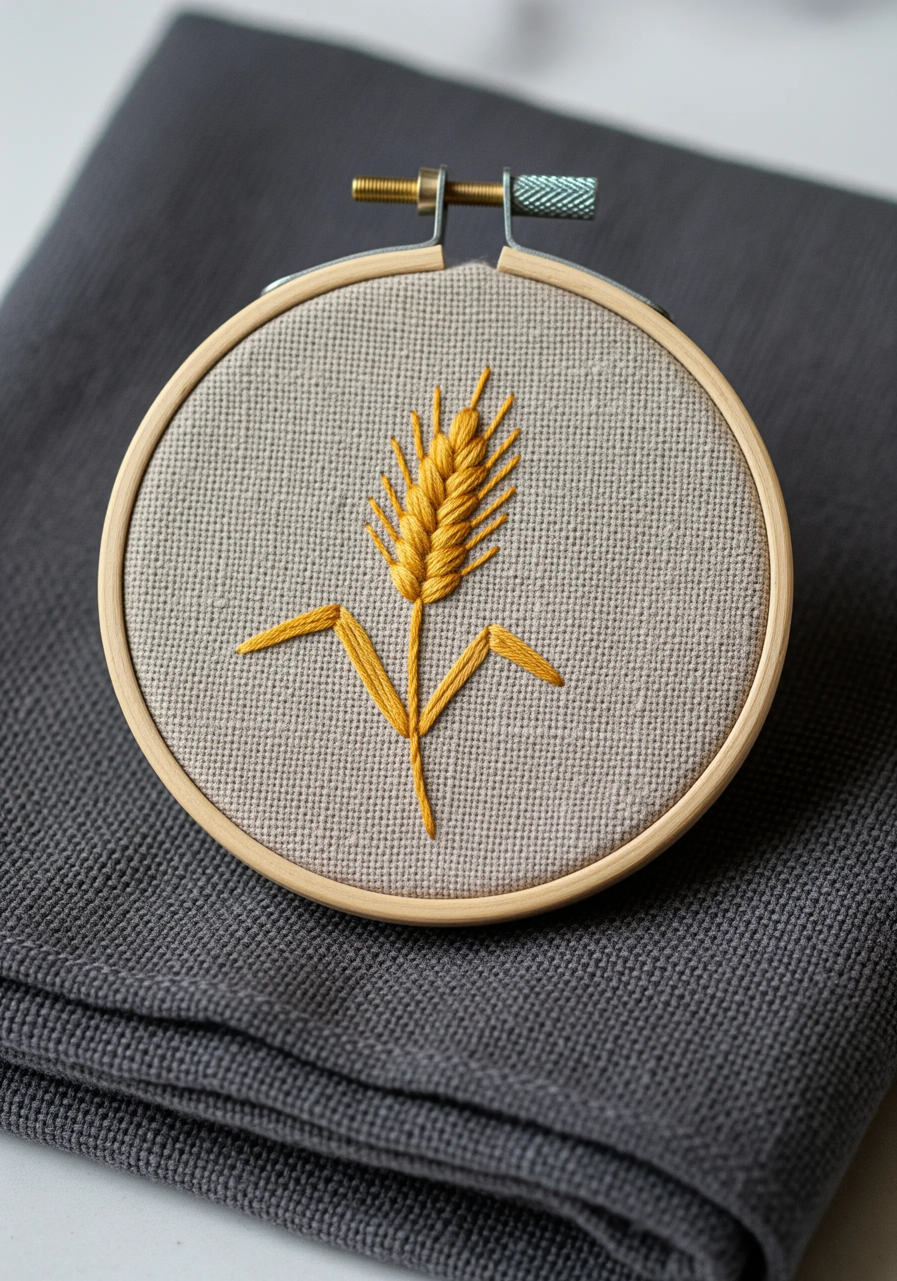 A single stalk of wheat embroidered in golden yellow using stacked lazy daisy stitches.