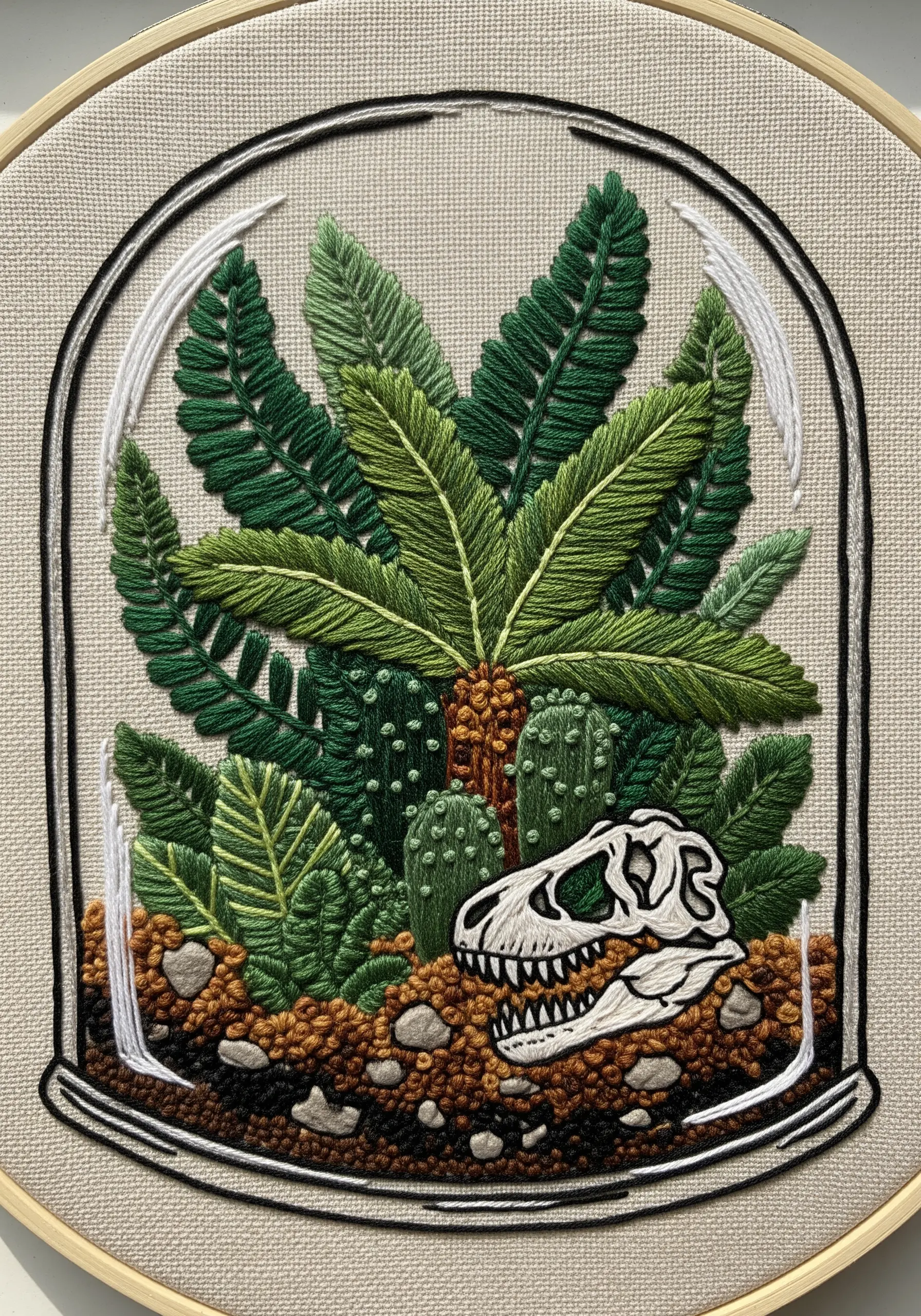 Embroidery of a dinosaur skull nestled among ferns and cacti in a glass cloche