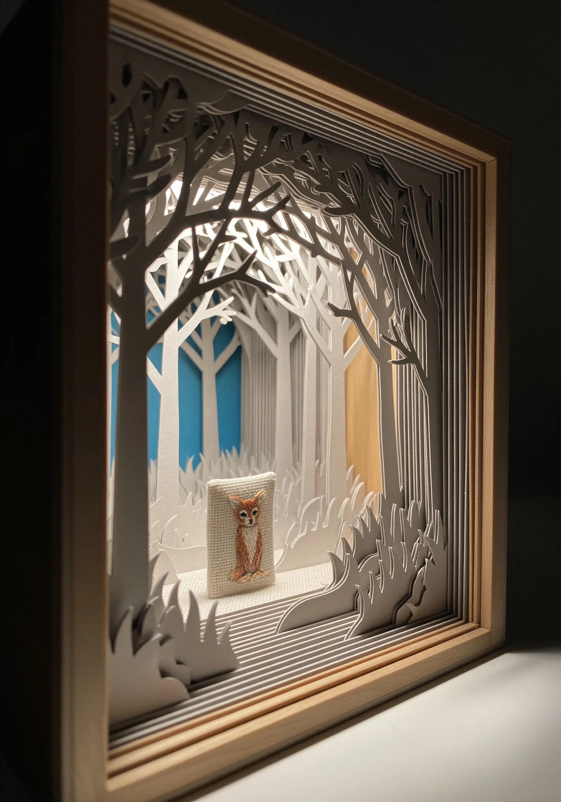 A small embroidered fox figure sits inside a backlit, layered paper-cut forest scene.