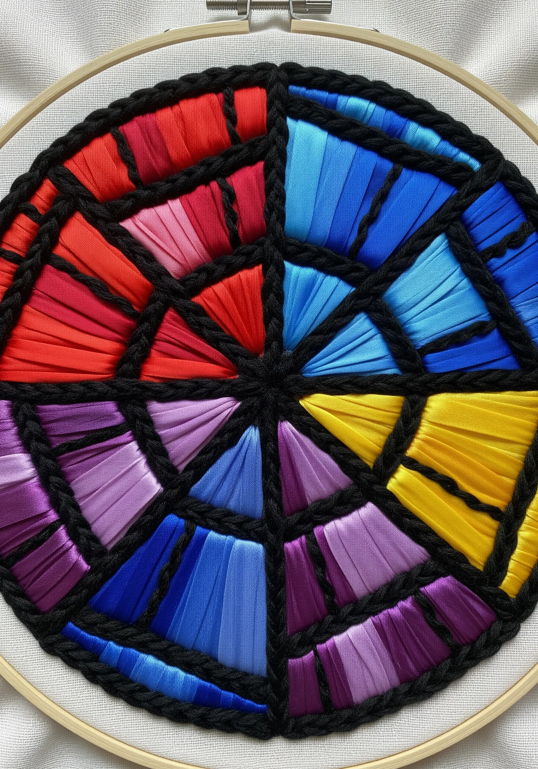 Close-up of a vibrant mandala made with colored ribbons, outlined in black yarn, resembling stained glass.