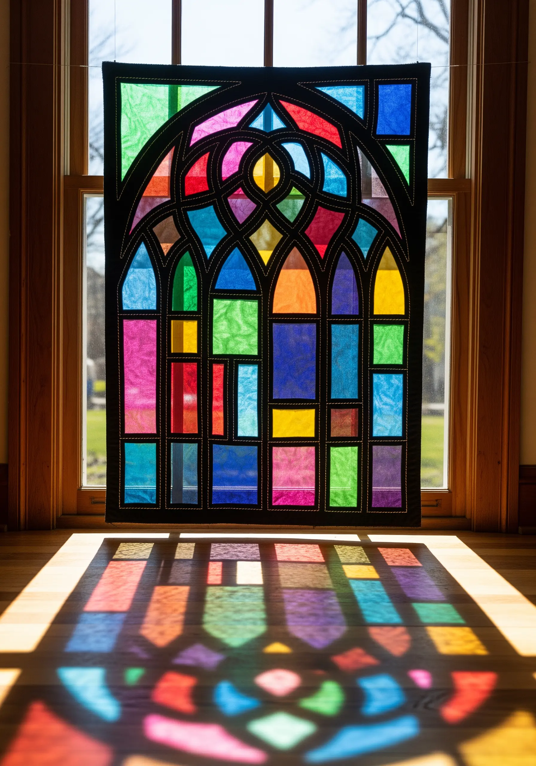 Stained glass effect using fabric and black outlines