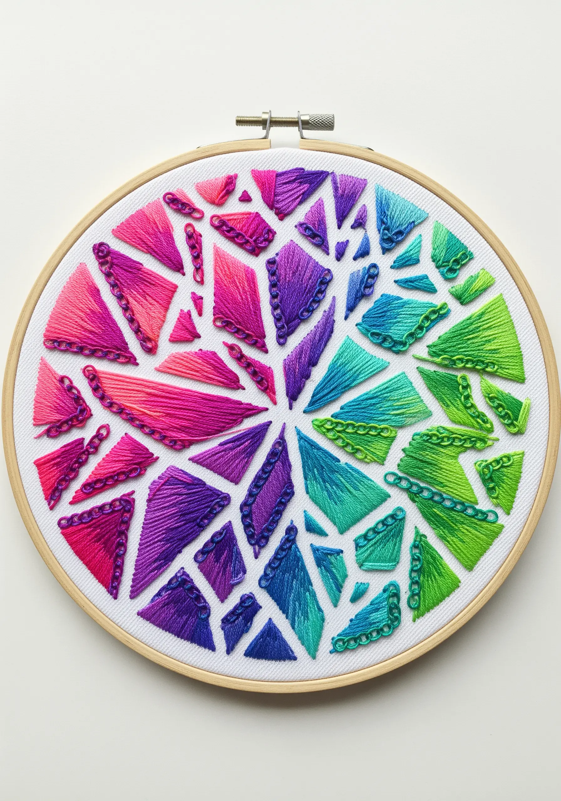 A shattered geometric pattern in a hoop with vibrant color gradients in each segment.