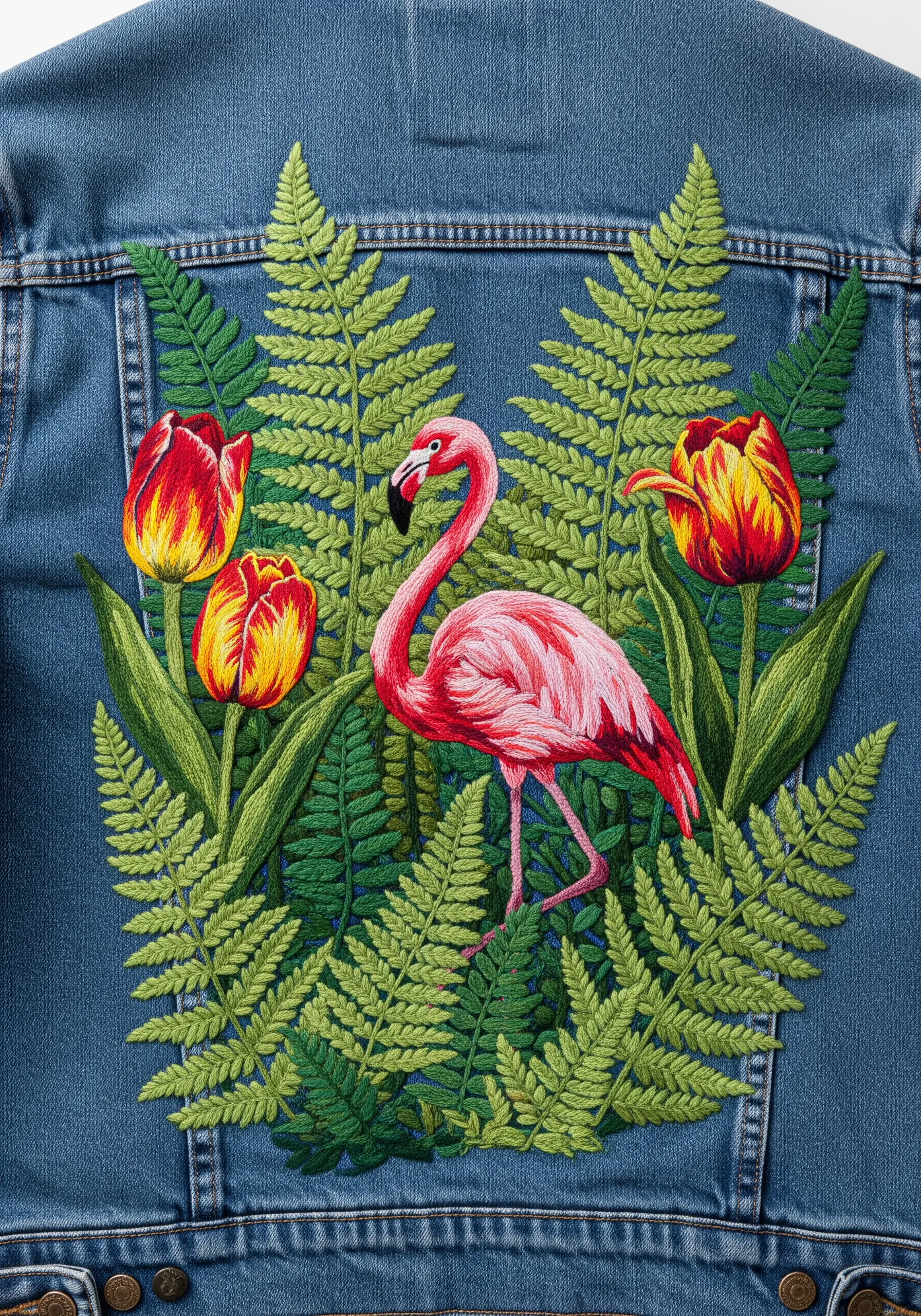 Large flamingo and fern embroidery on the back of a denim jacket