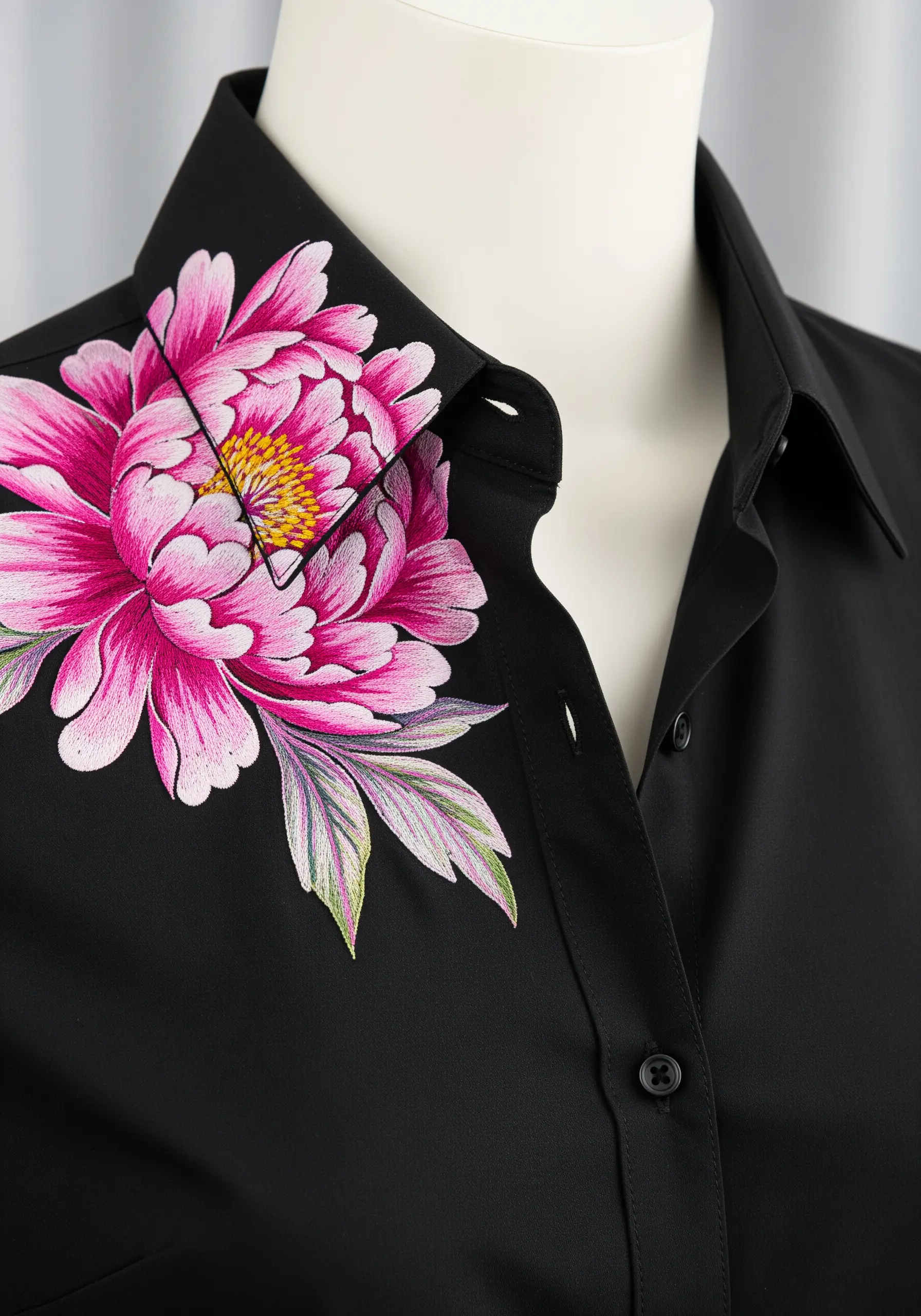 A large, vibrant pink and white peony embroidered across the collar and shoulder of a black shirt.