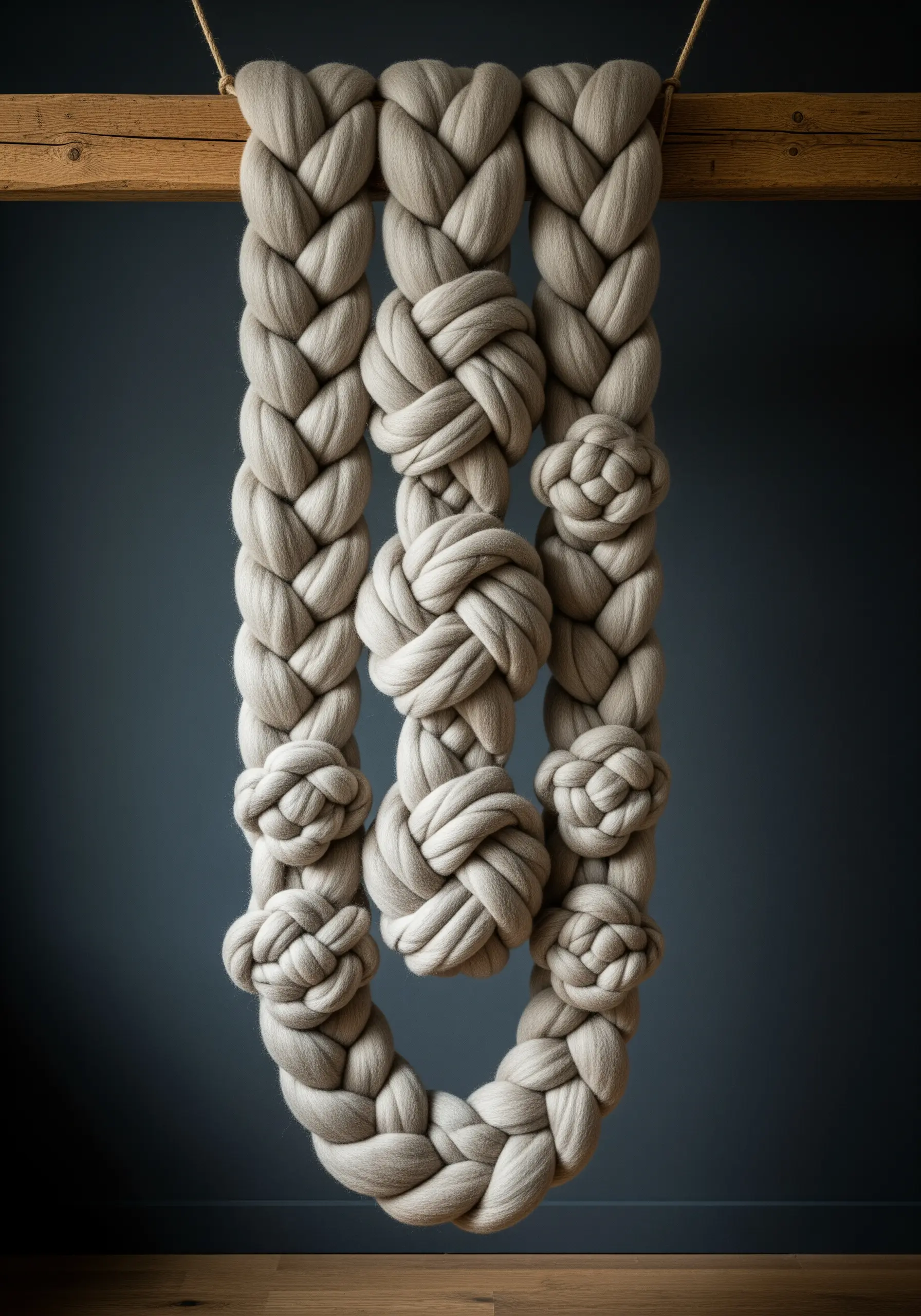 A chunky wall hanging made from arm-knitted merino wool with large, sculptural knots.